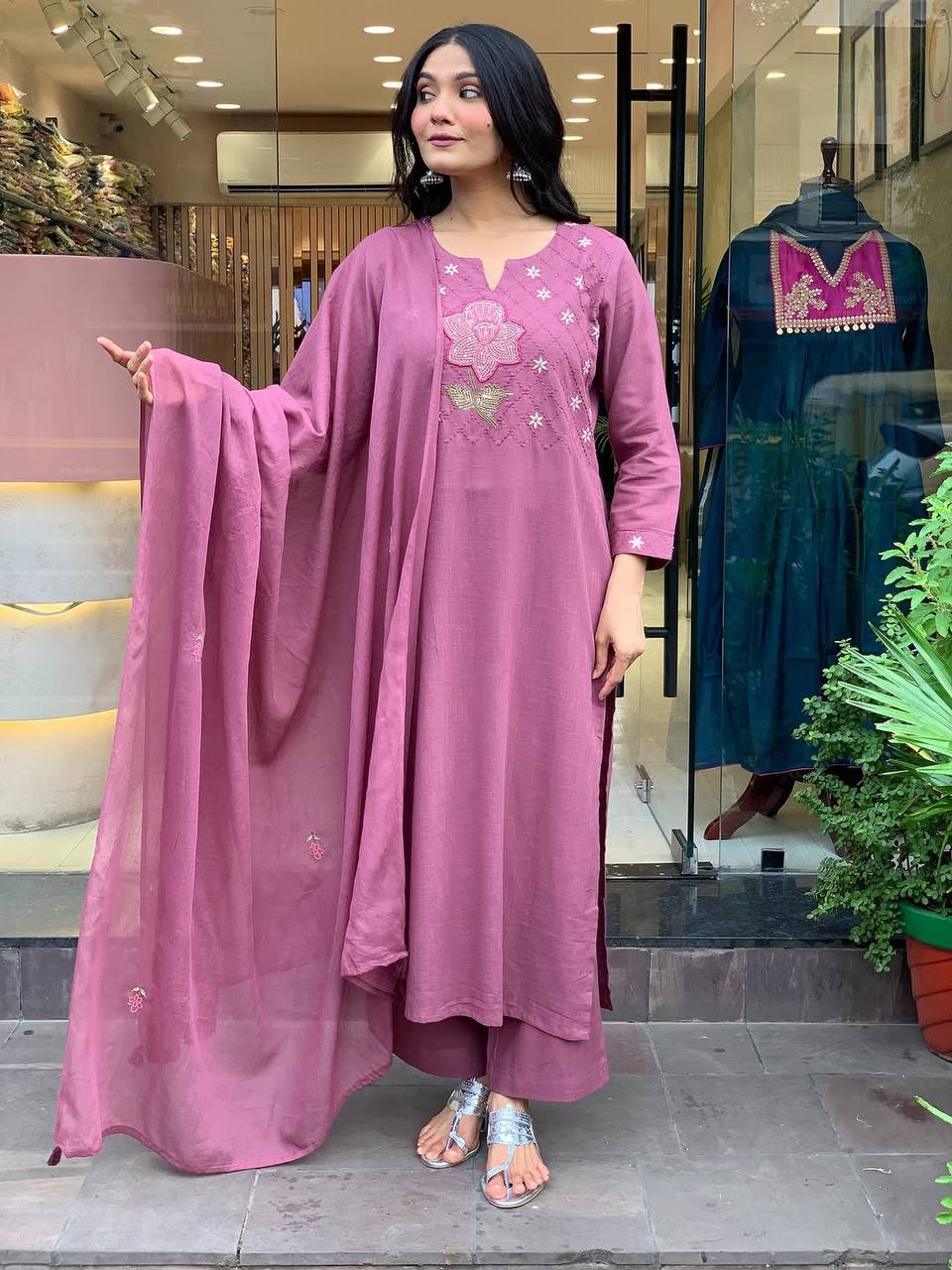 Cotton Embroidered Kurta Pant with Chanderi Dupatta Set