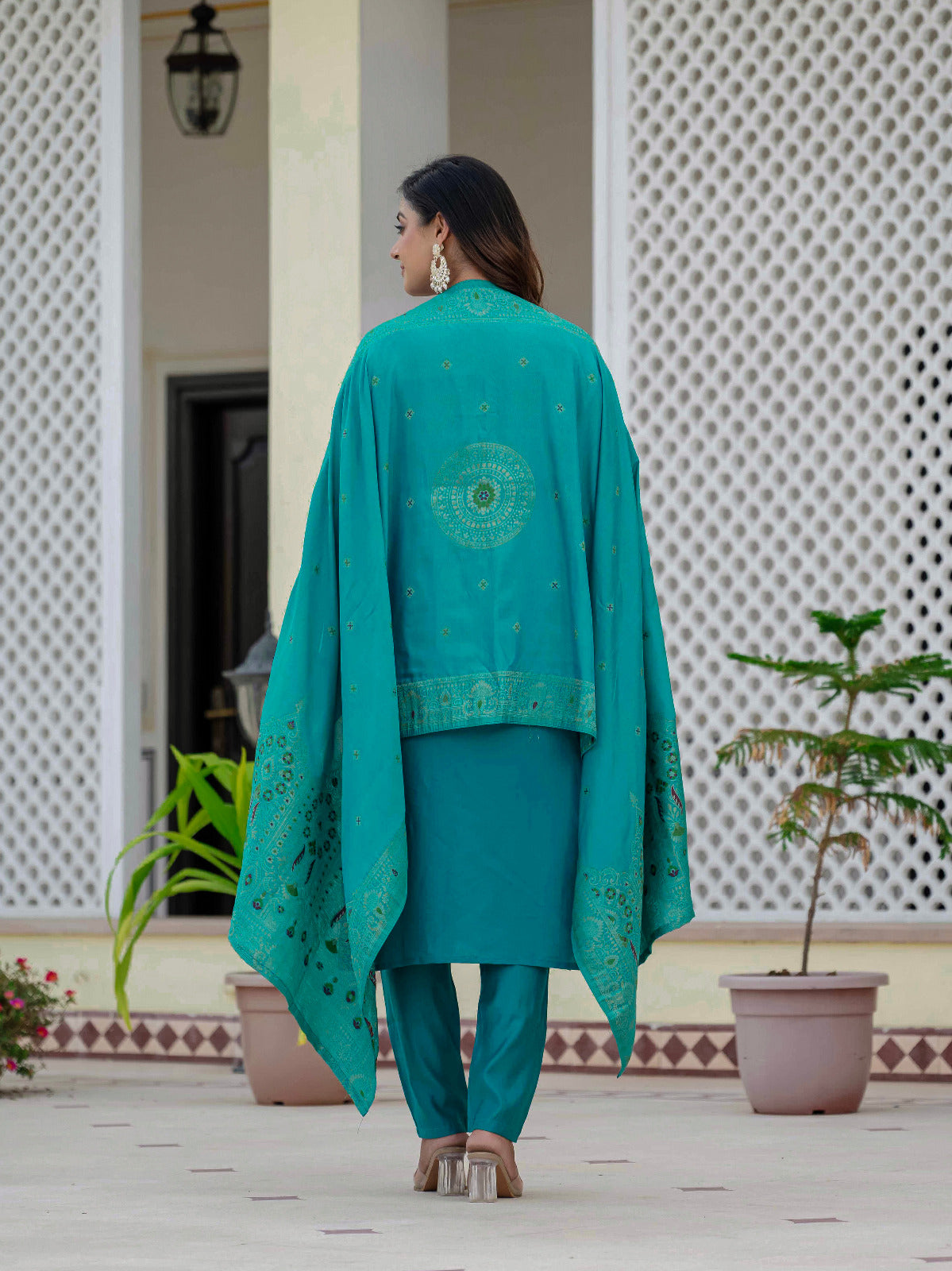 Premium Roman Silk Embroidered Kurti Pant Dupatta Set – Jacquard Meena Dupatta