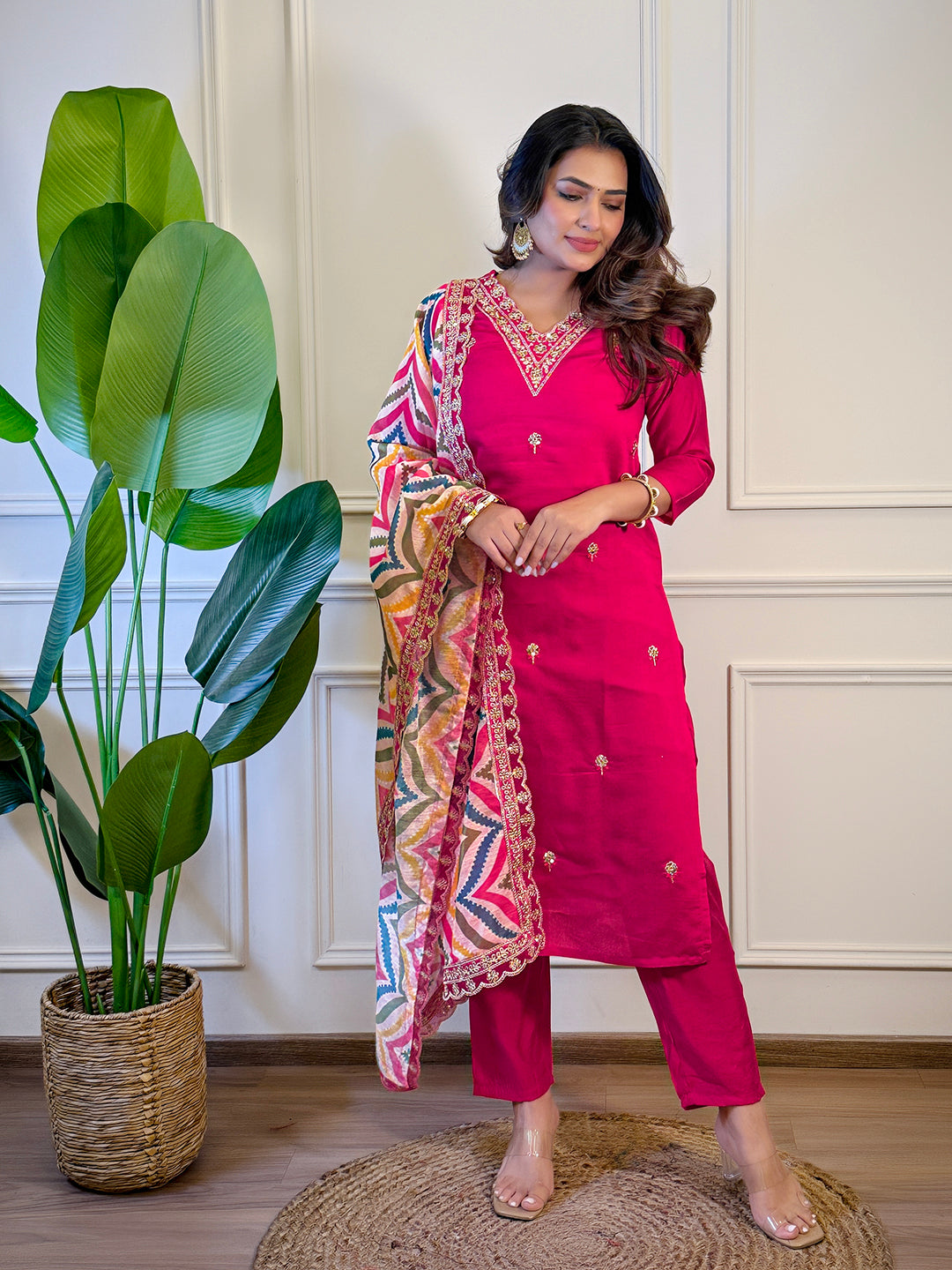 Women's Rani Viscose Embroidered Straight Kurta Set