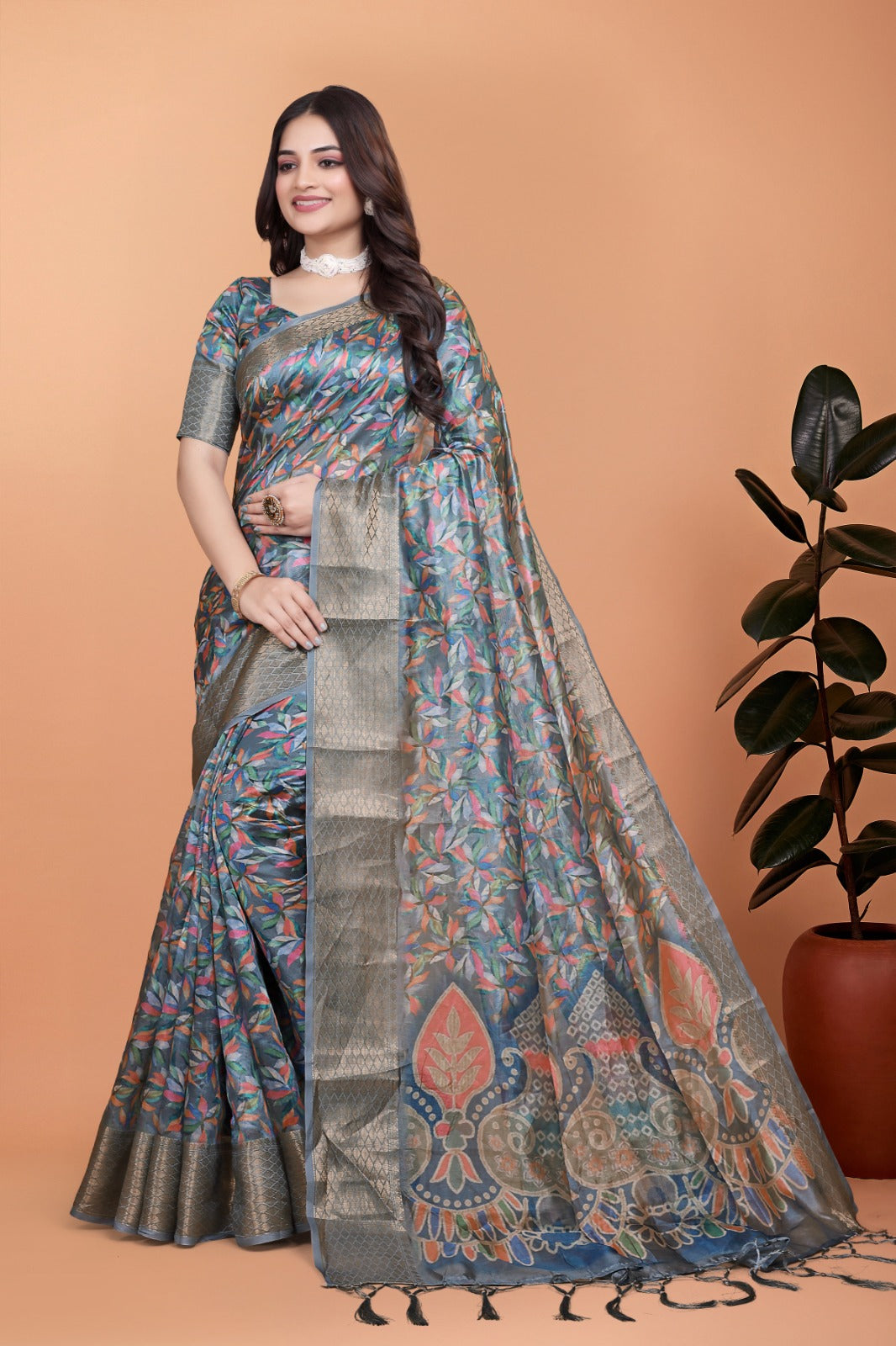 Grey & Multicolor Soft Silk Saree with Ethnic Pallu, Zari-Style Border & Designer Blouse Piece