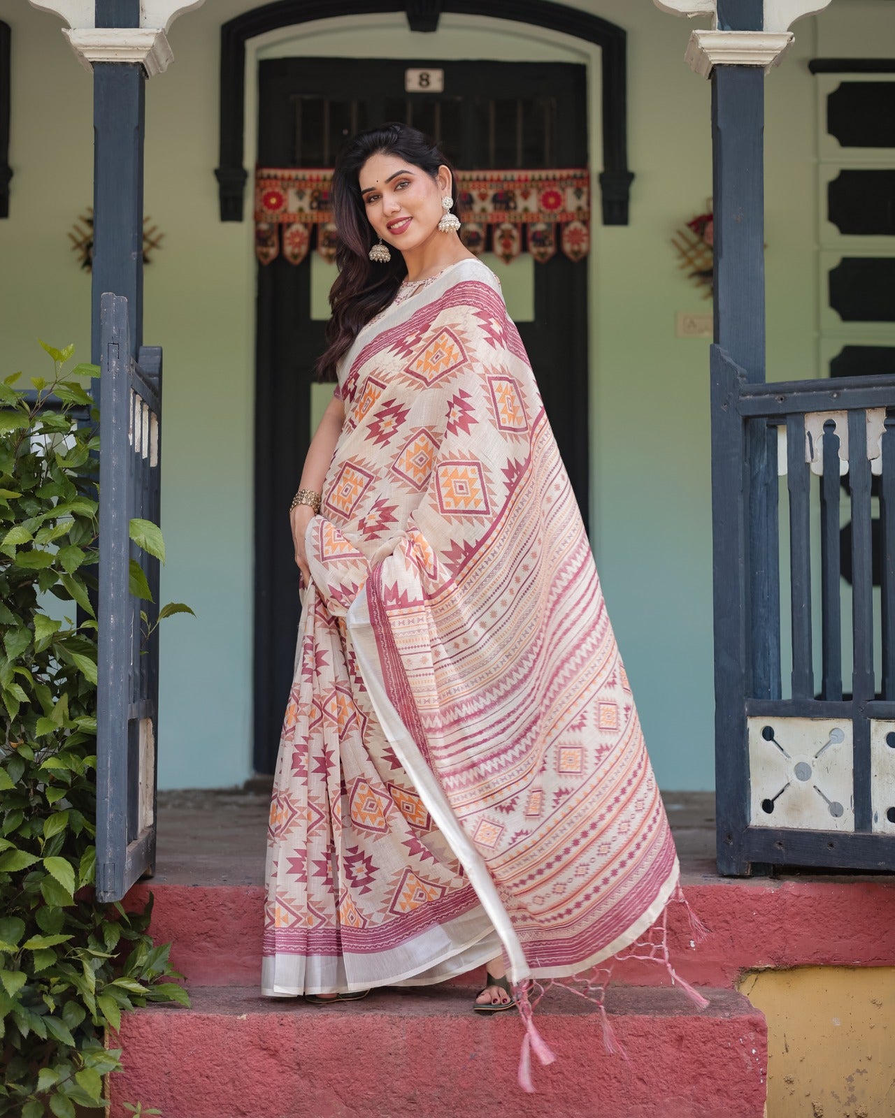 Off-White Linen Cotton Saree with Maroon Ikat Geometric Print, Silver Zari Border & Designer Blouse Piece