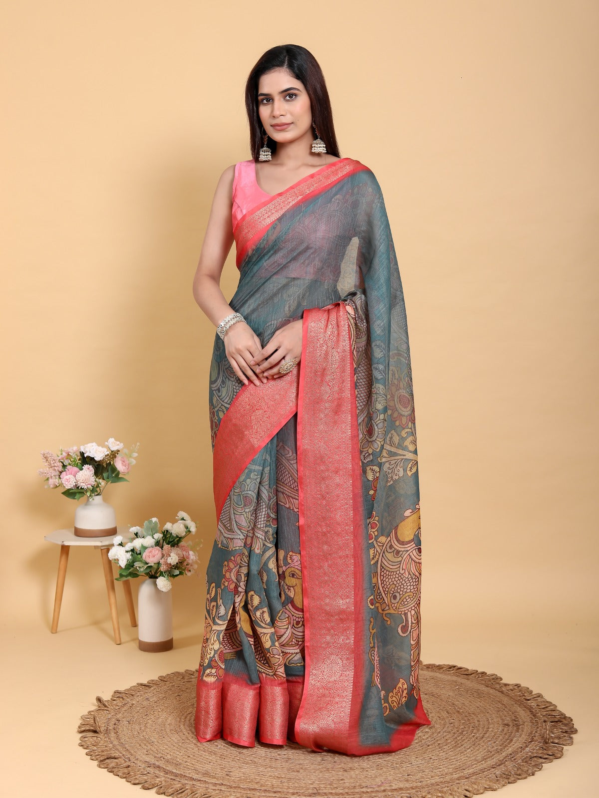 Elegant Peacock & Floral Kalamkari Design Linen Cotton Saree with Jacquard Border