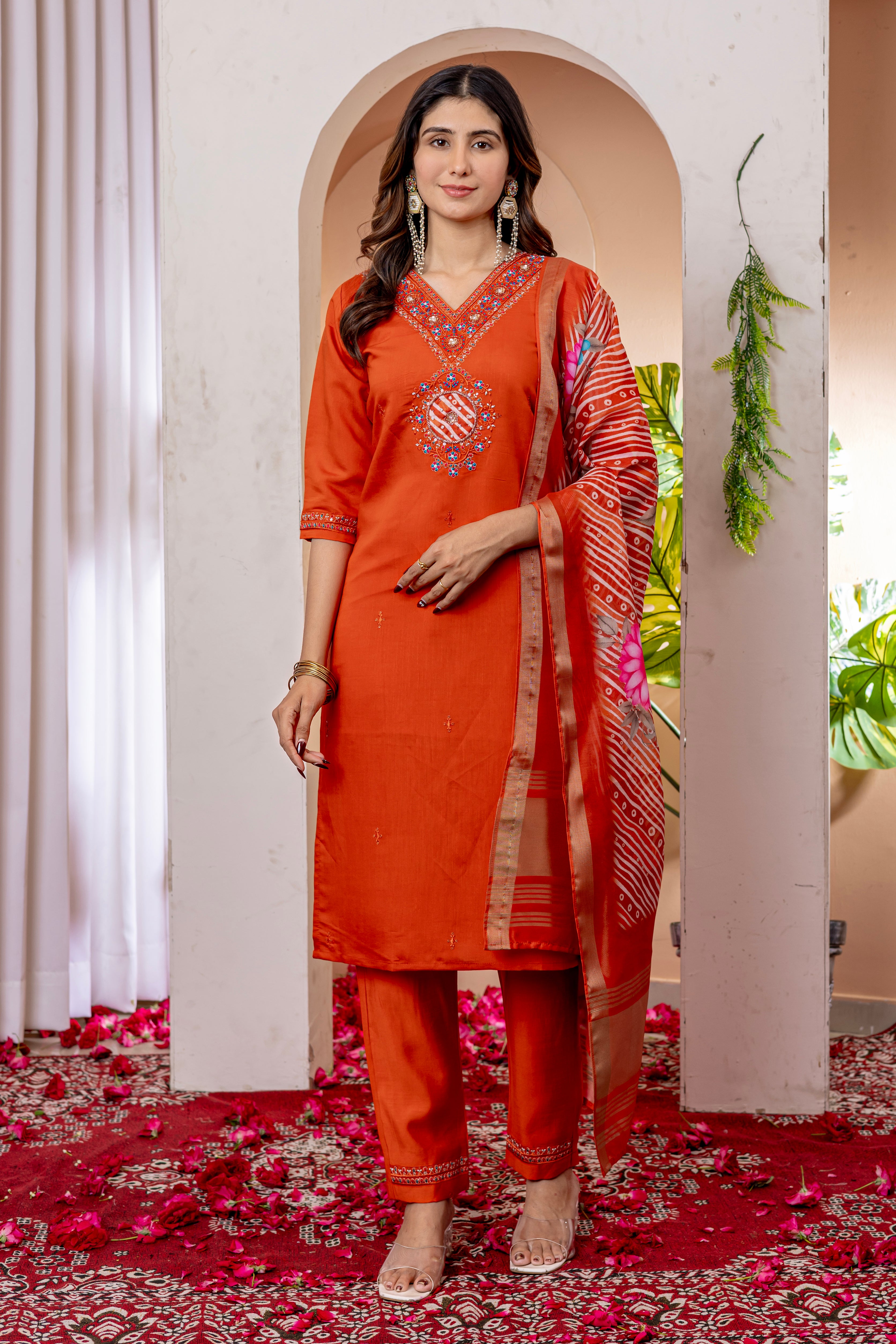 Embroidered Straight Kurti Pant Dupatta Set in Marina Viscose Silk – 3 Piece Ethnic Suit