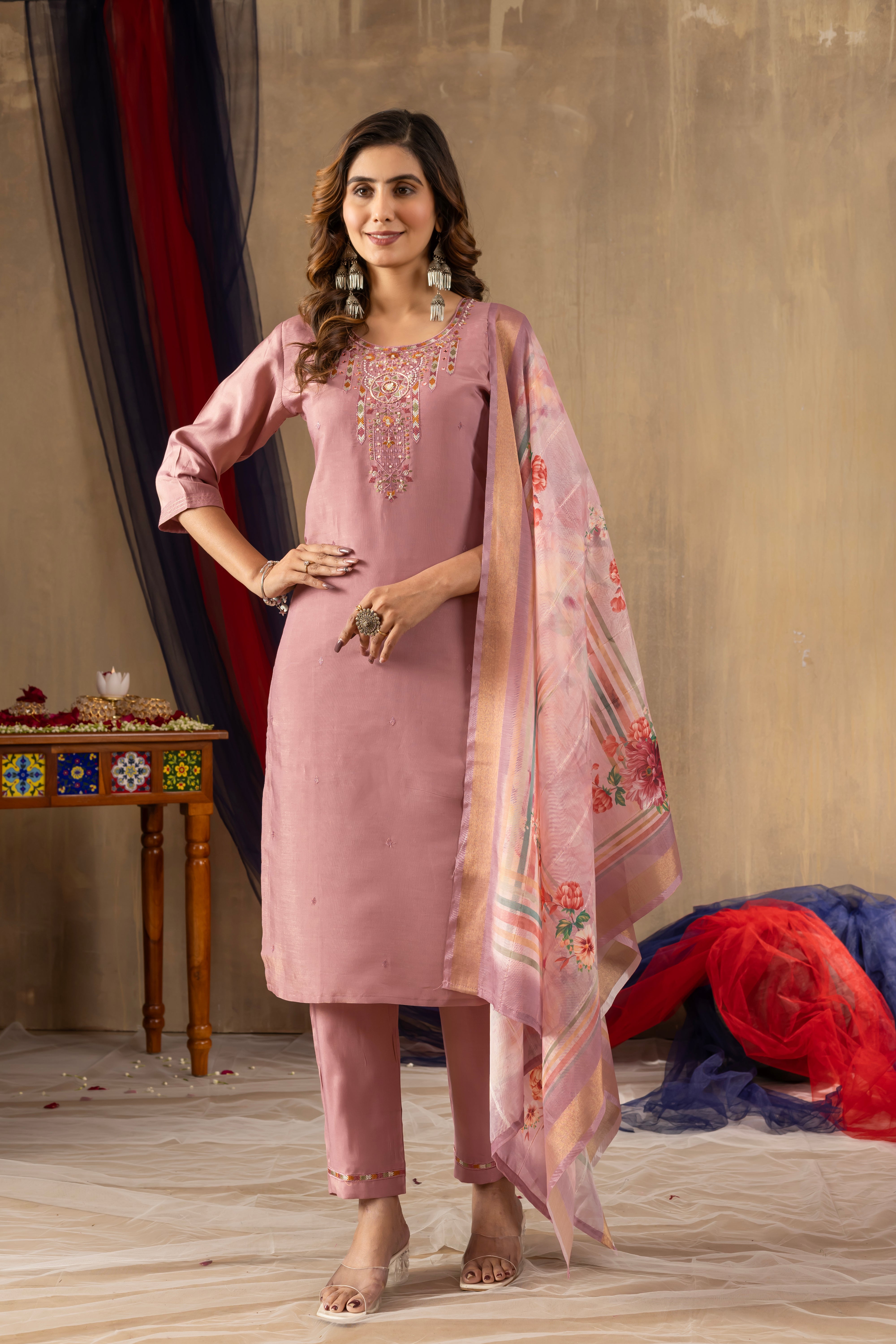 Shimmer Gold Silk Embroidered Kurti Pant Dupatta Set – 3 Piece Ethnic Suit