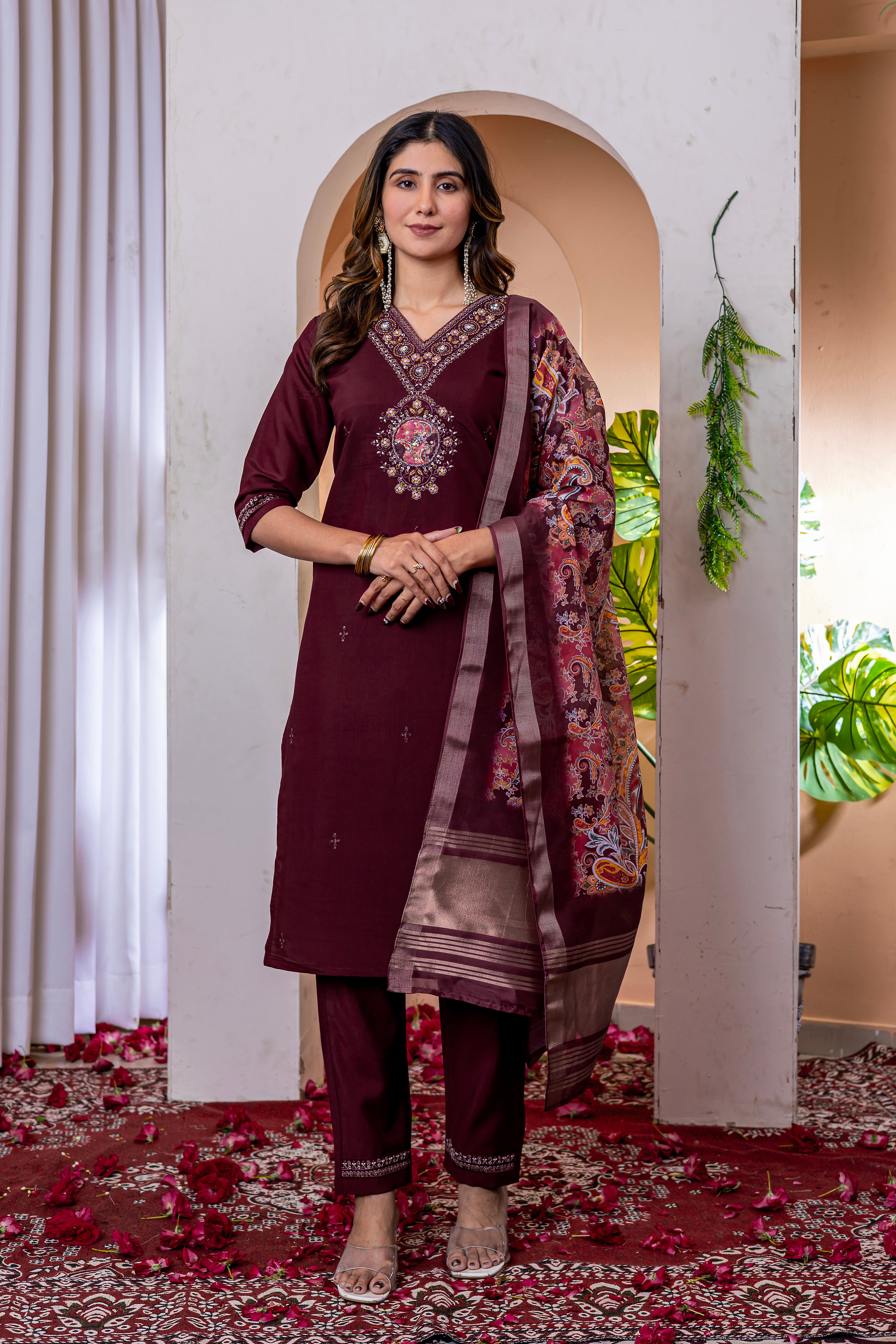 Embroidered Straight Kurti Pant Dupatta Set in Marina Viscose Silk – 3 Piece Ethnic Suit