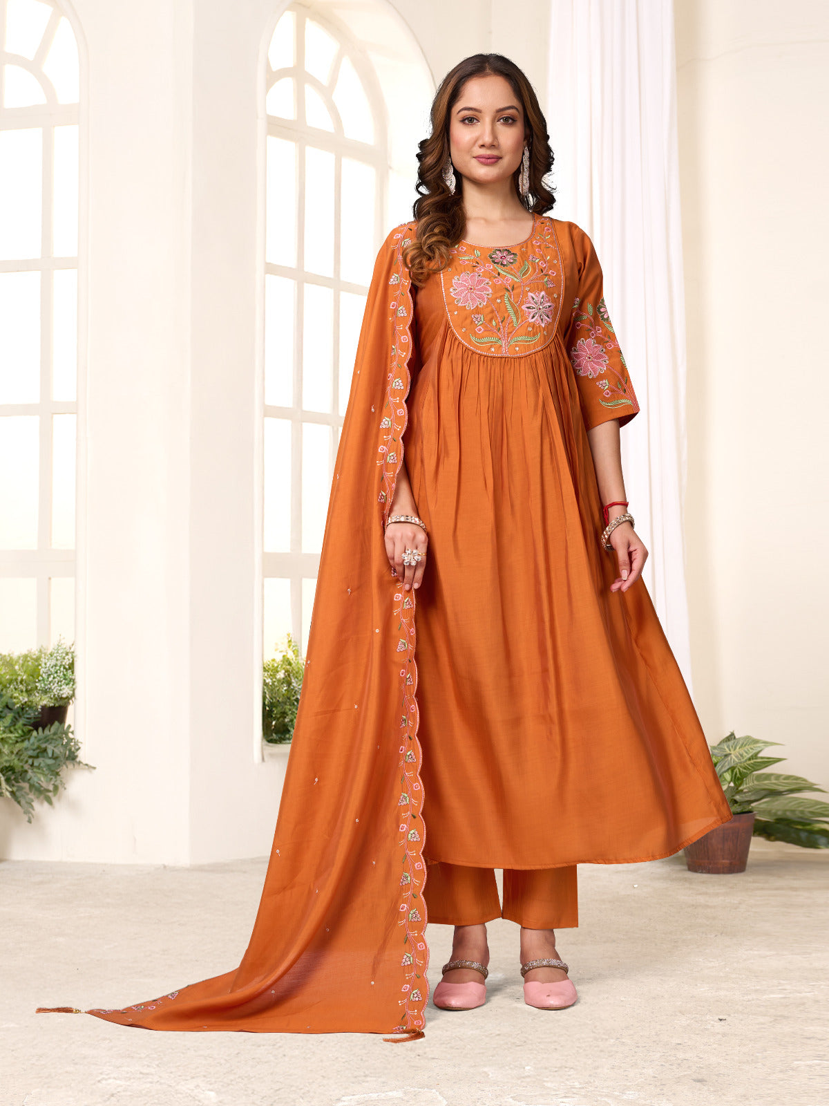 Royal Embroidered Anarkali Set – Premium Viscose Roman Silk