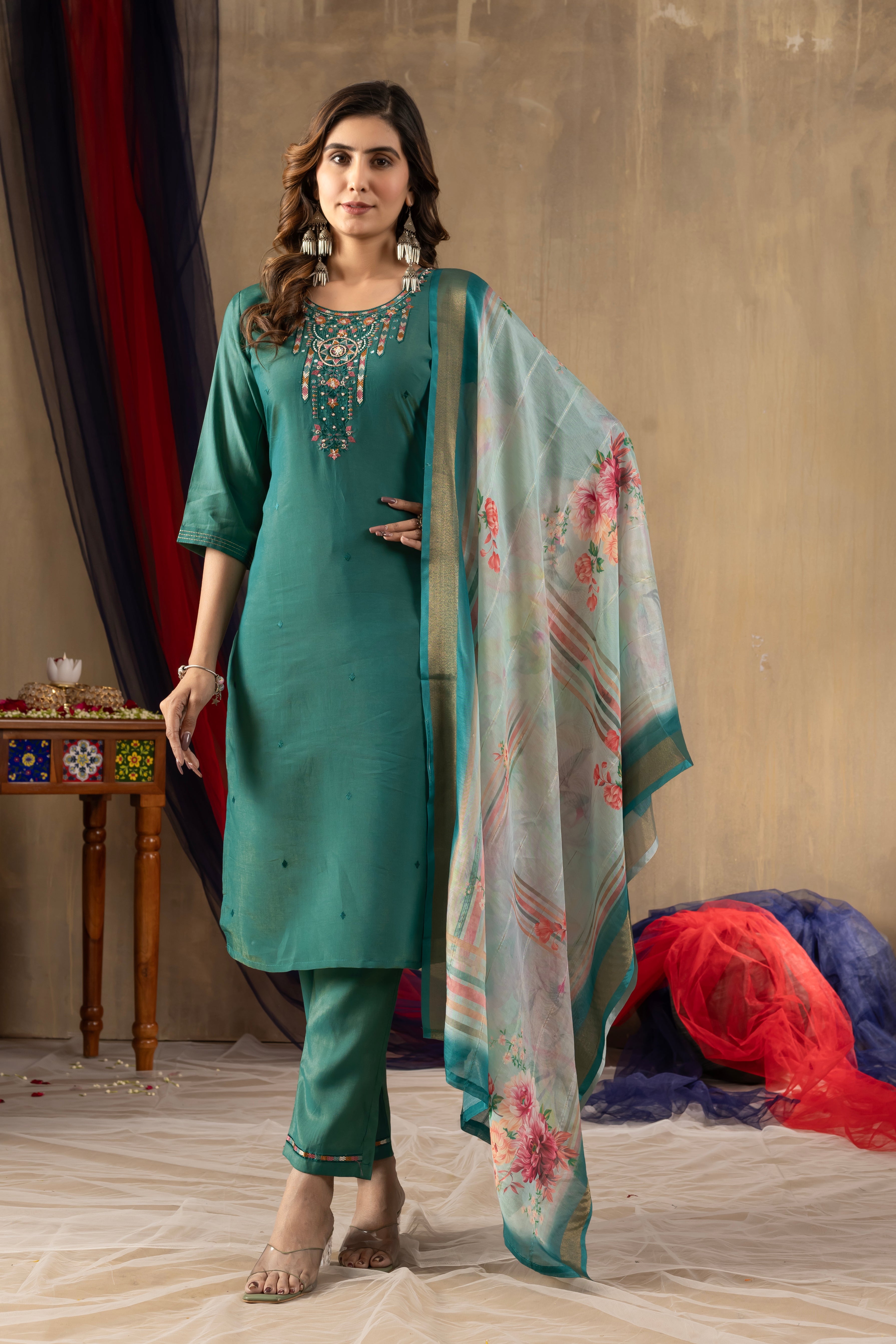 Shimmer Gold Silk Embroidered Kurti Pant Dupatta Set – 3 Piece Ethnic Suit