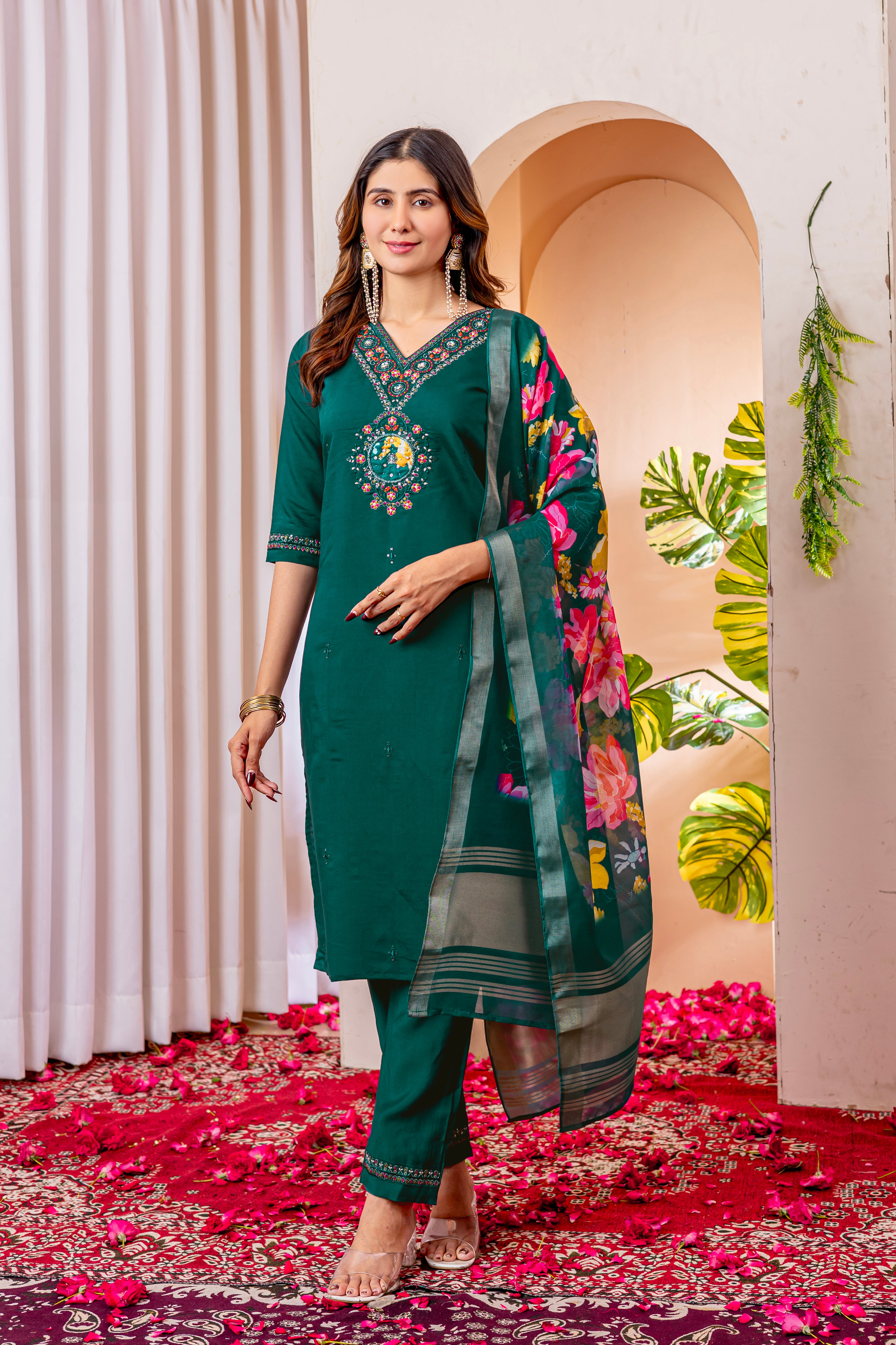 Embroidered Straight Kurti Pant Dupatta Set in Marina Viscose Silk – 3 Piece Ethnic Suit