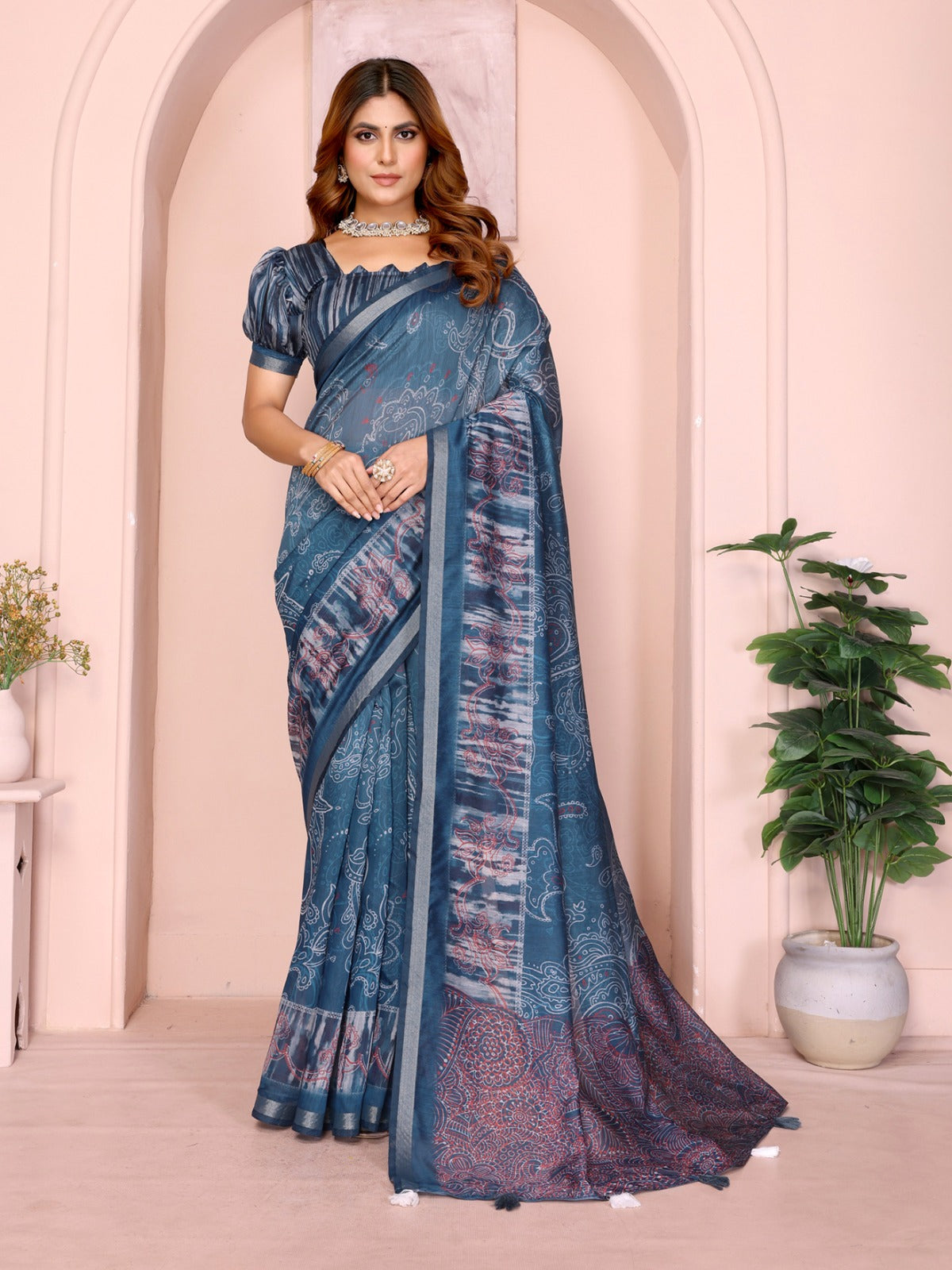 Blue Printed Black Chanderi Saree with Ethnic Digital Motifs, Contrast Pallu & Tassels