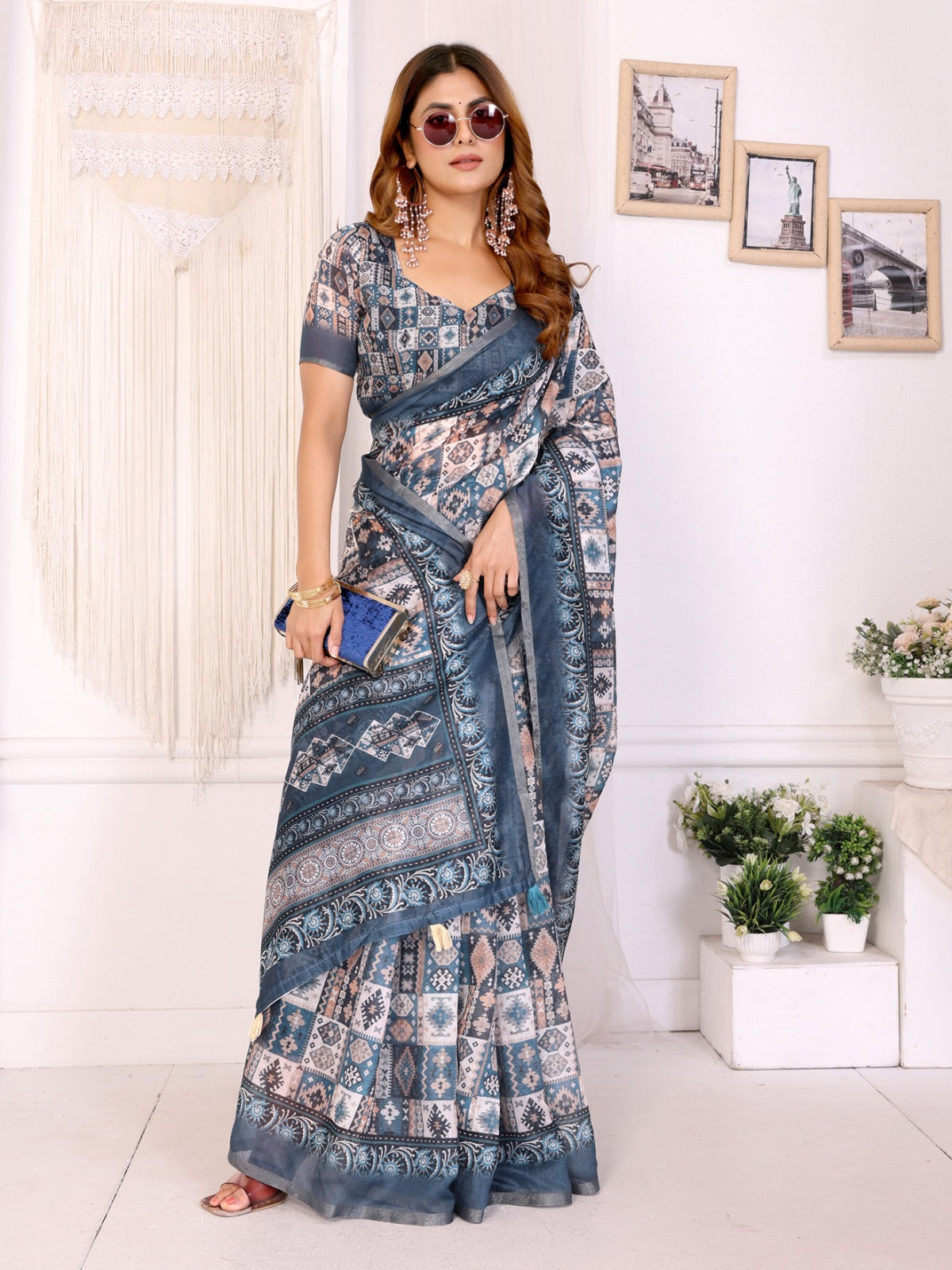 Stylish White Chanderi Saree with Digital Geometric Print and Elegant Border