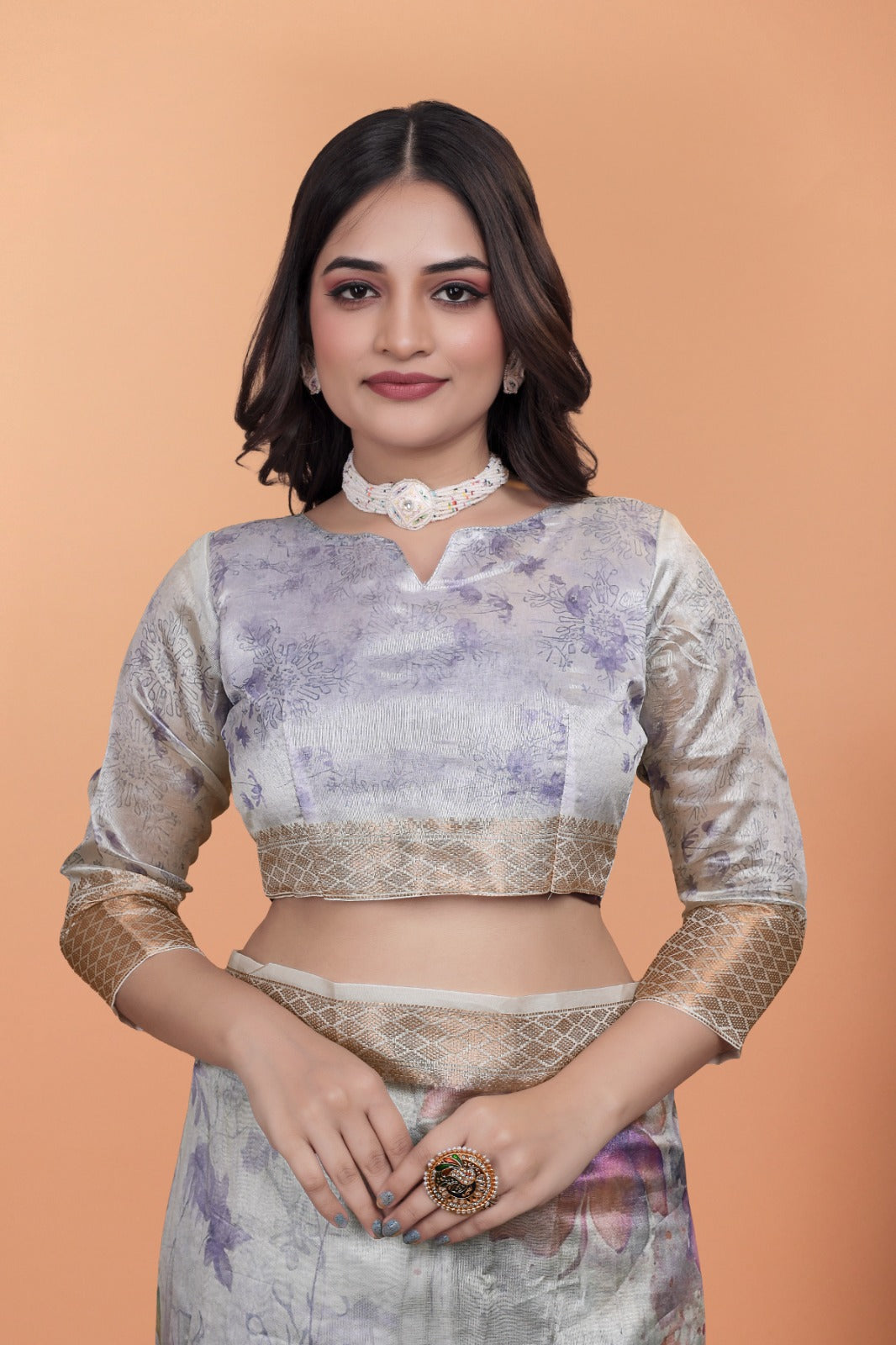 Elegant Beige Soft Silk Saree with Multicolor Floral Print & Golden Zari Border