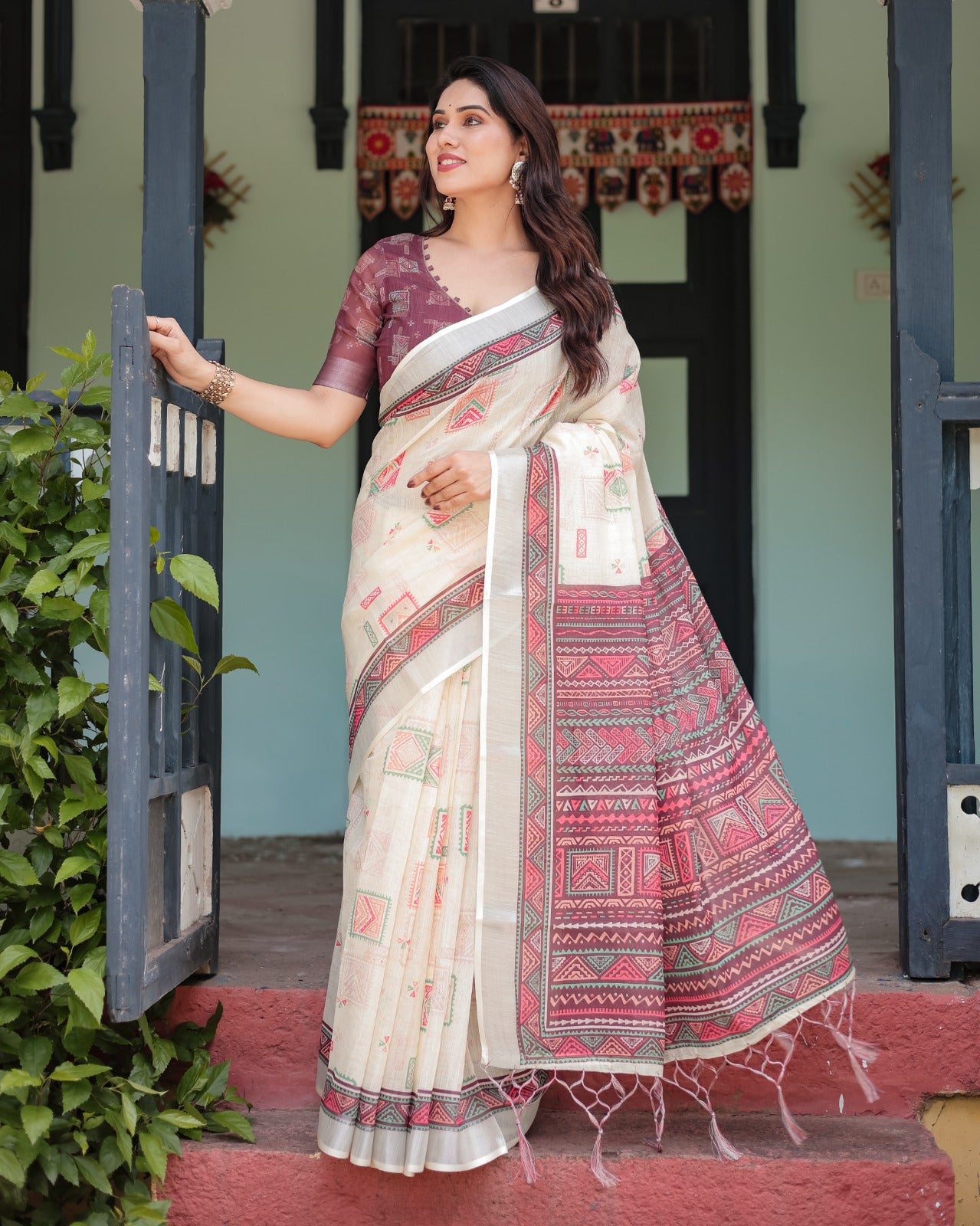 Off-White Linen Cotton Saree with Wine Tribal Geometric Print, Silver Zari Border & Designer Blouse Piece
