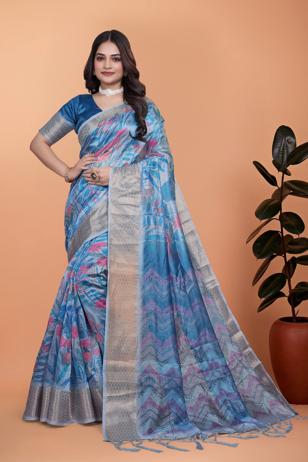 Sky Blue Floral Printed Soft Silk Saree with Zari Border and Chevron Pallu