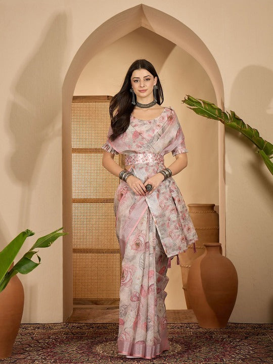 Off-White Pastel Pink & Grey Floral Digital Print Linen Cotton Saree