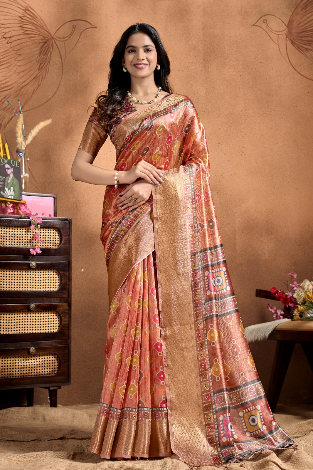 Copper-Rose Soft Silk Saree with Patola-Inspired Geometric Pallu & Antique Gold Zari Border
