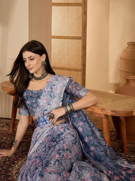 Misty Blue Floral Digital Print Linen Cotton Saree