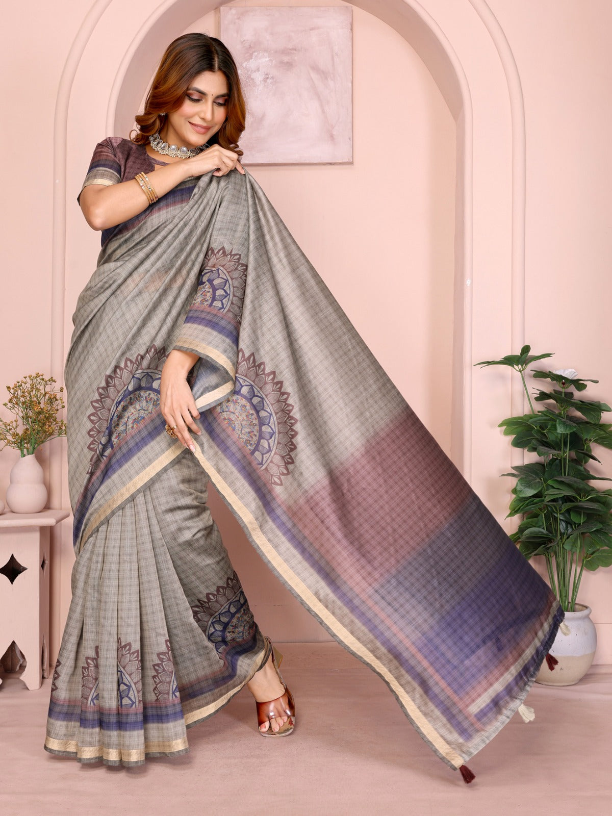 Grey Checked Black Chanderi Saree with Mandala Motifs, Golden Border & Designer Blouse Piece