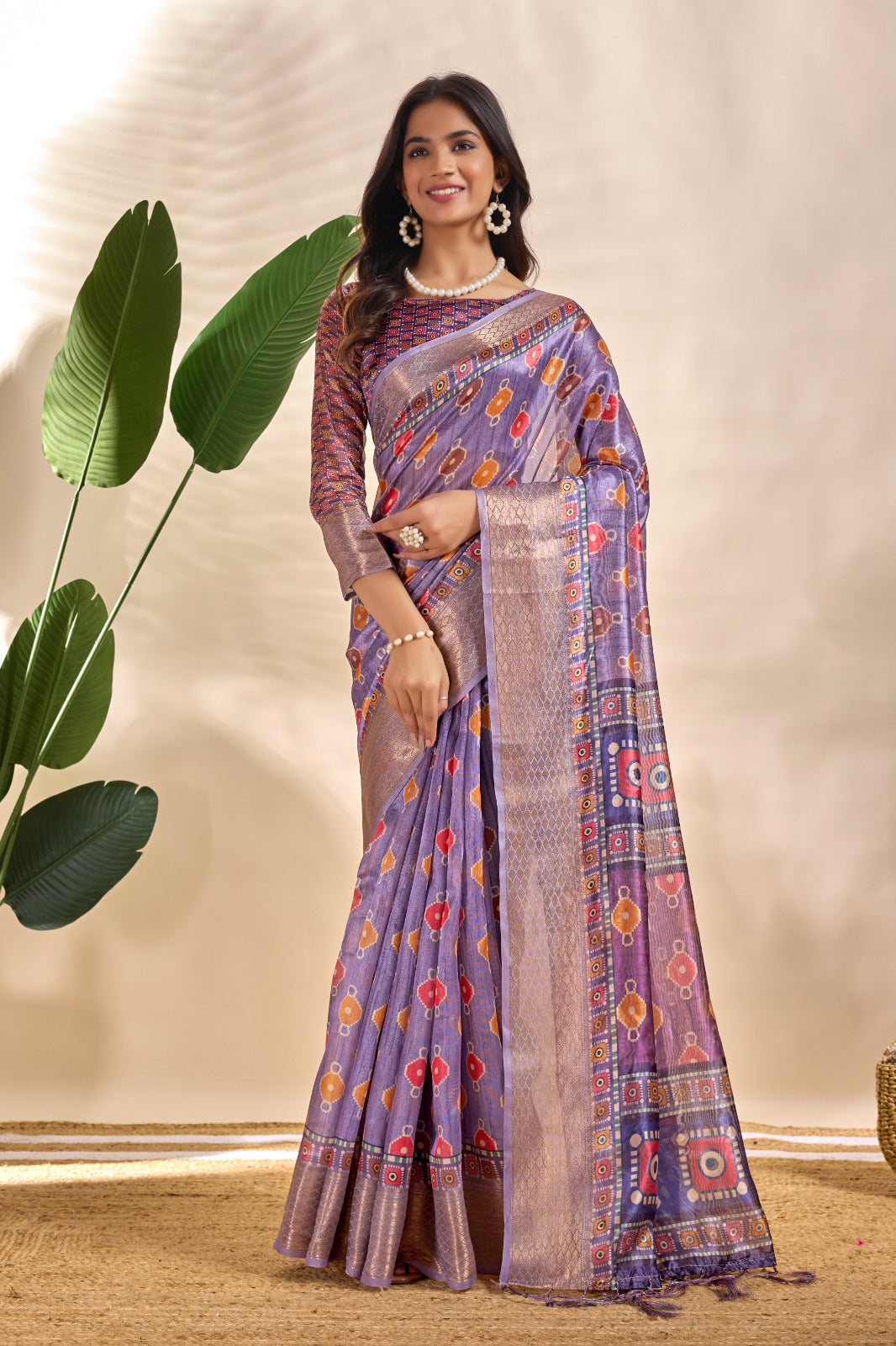 Patola-Inspired Purple Soft Silk Saree with Geometric & Floral Motifs, Golden Zari Border & Designer Blouse Piece