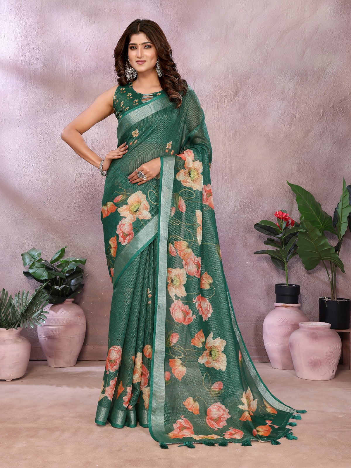 Green Floral Linen Shimmer Saree with Pastel Prints