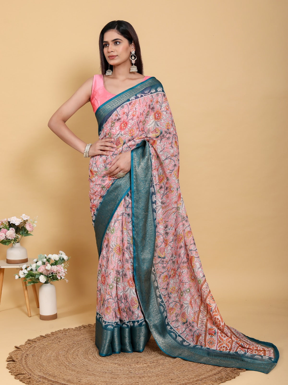 Elegant Pink Floral & Vine Print Jacquard Patta Linen Cotton Saree with Teal Blue Border & Designer Blouse Piece