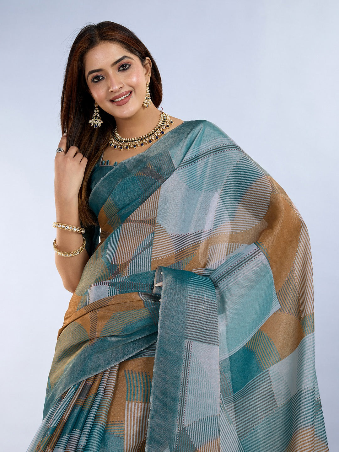 Teal Geometric Printed Erode Anmol Silk Saree with Tassel Pallu