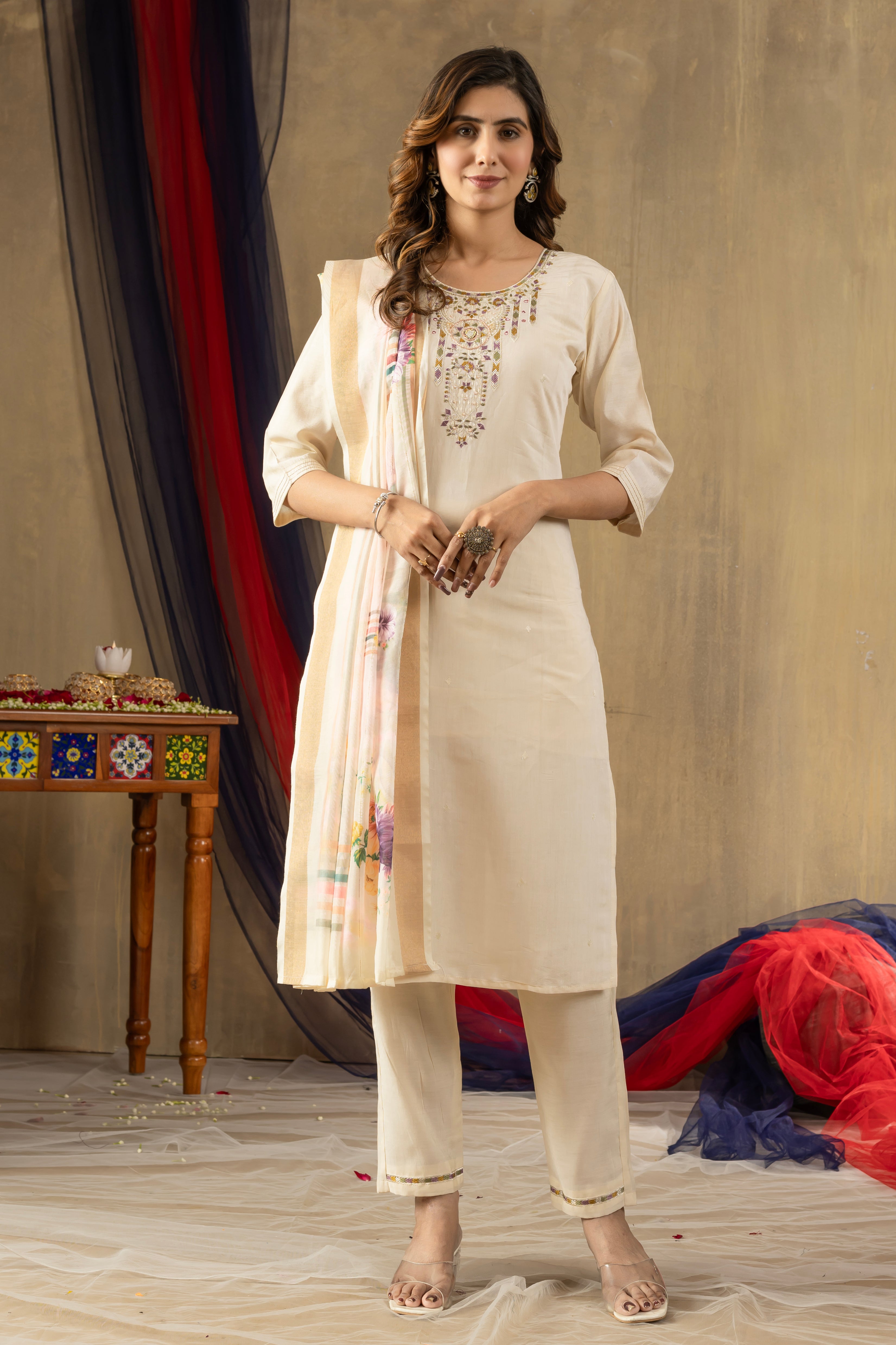 Shimmer Gold Silk Embroidered Kurti Pant Dupatta Set – 3 Piece Ethnic Suit