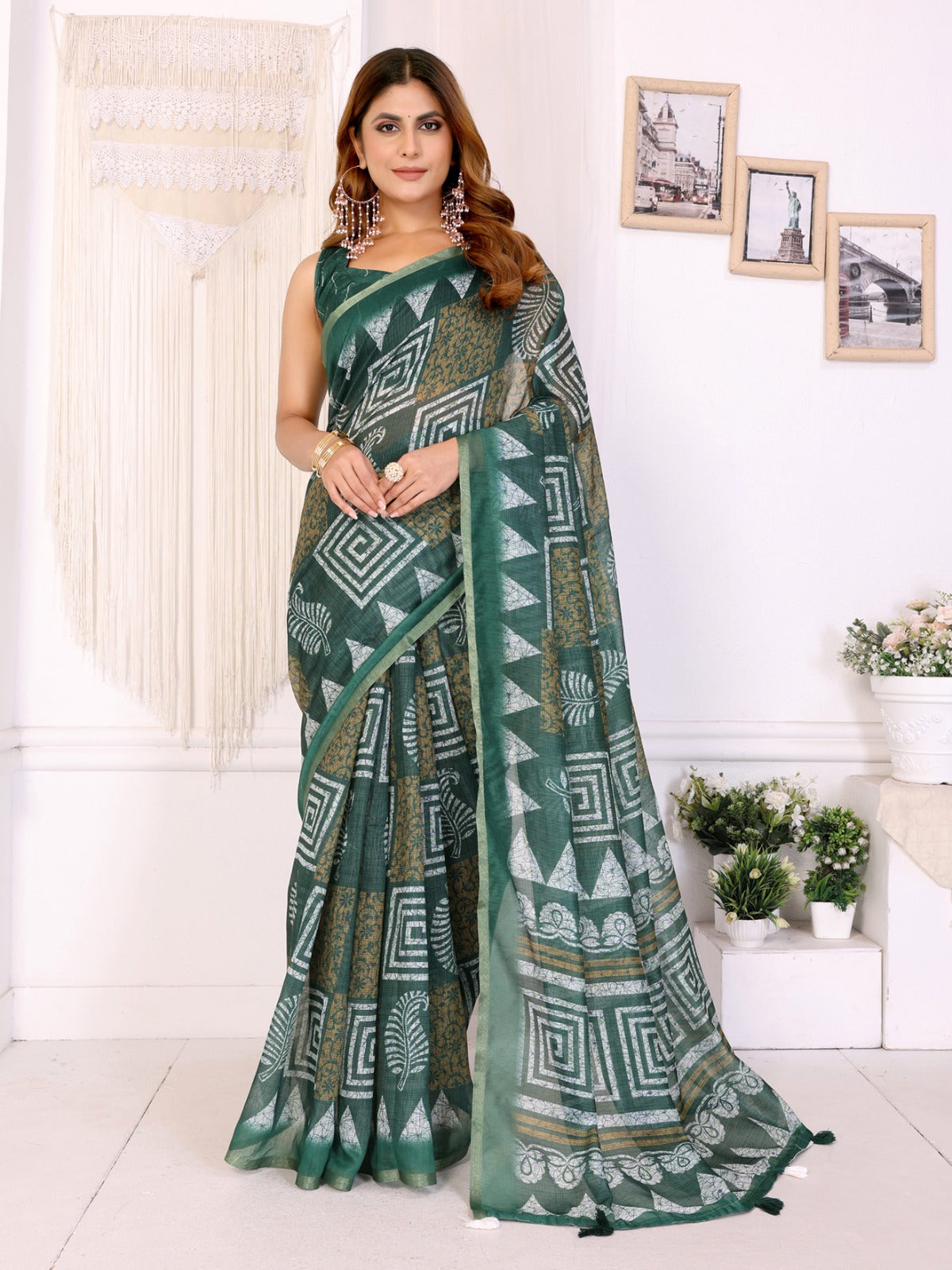 Bottle Green Chanderi Saree with White & Mustard Geometric Digital Print & Designer Blouse Piece