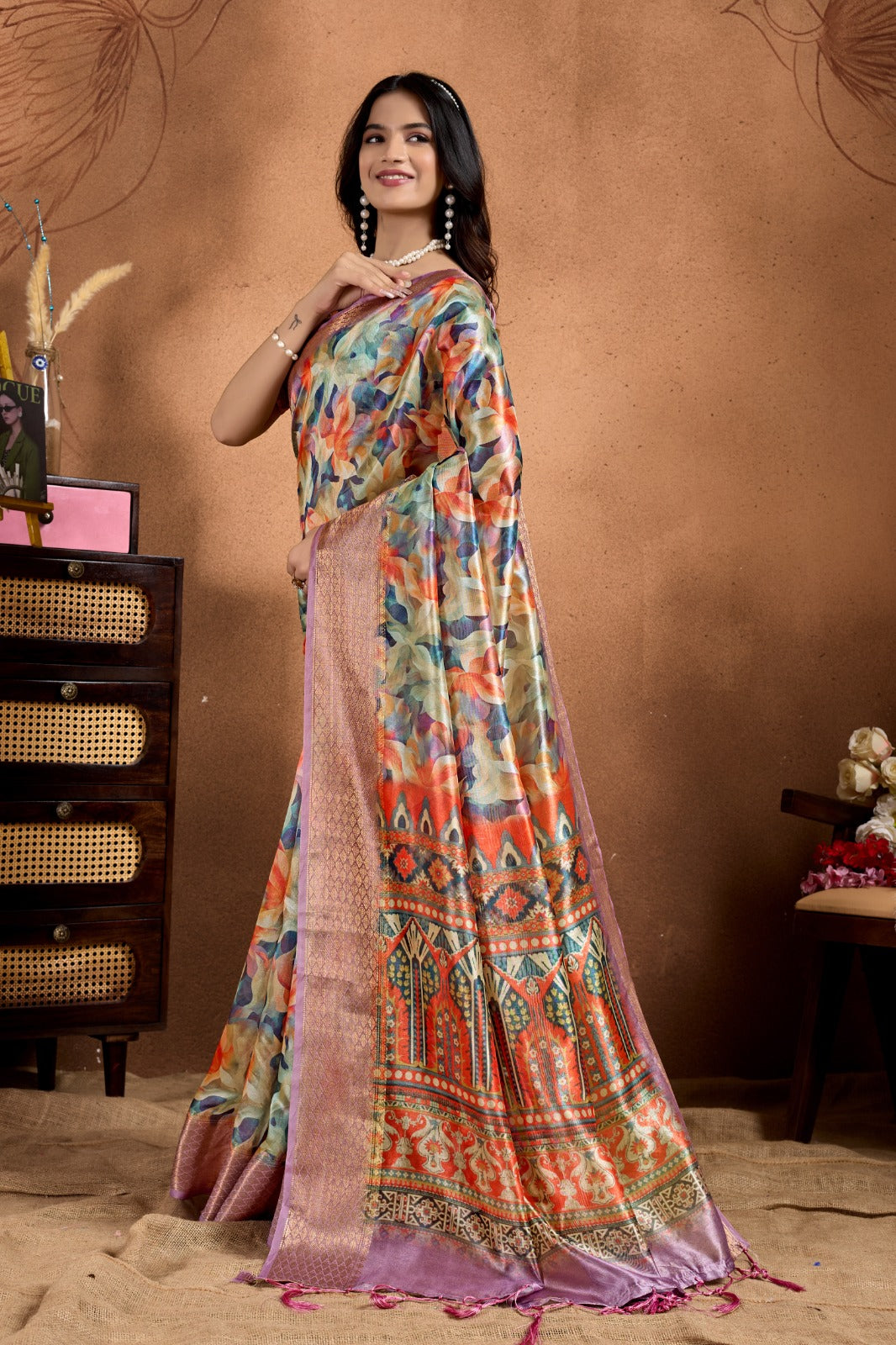 Multicolor Soft Silk Saree with Ethnic Motif Pallu and Lavender Zari Border