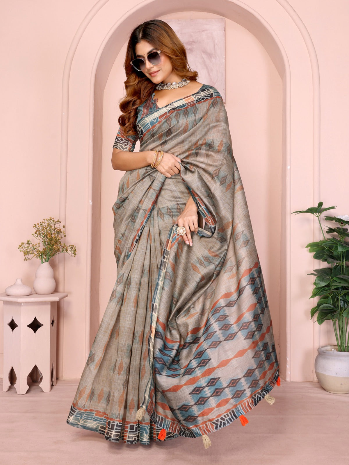 Grey & Rust Patterned Black Chanderi Saree with Geometric Pallu and Tassels
