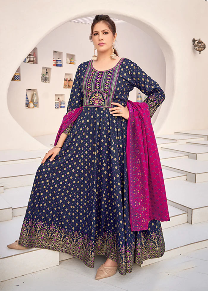 Blue Embroidery Work Silk Gown With Dupatta