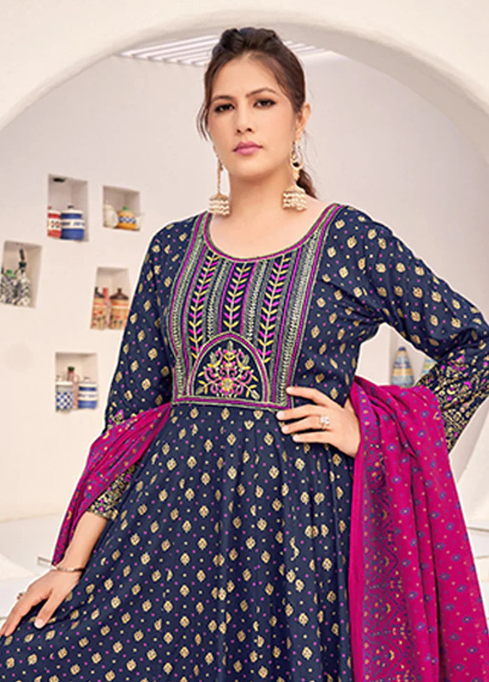 Blue Embroidery Work Silk Gown With Dupatta