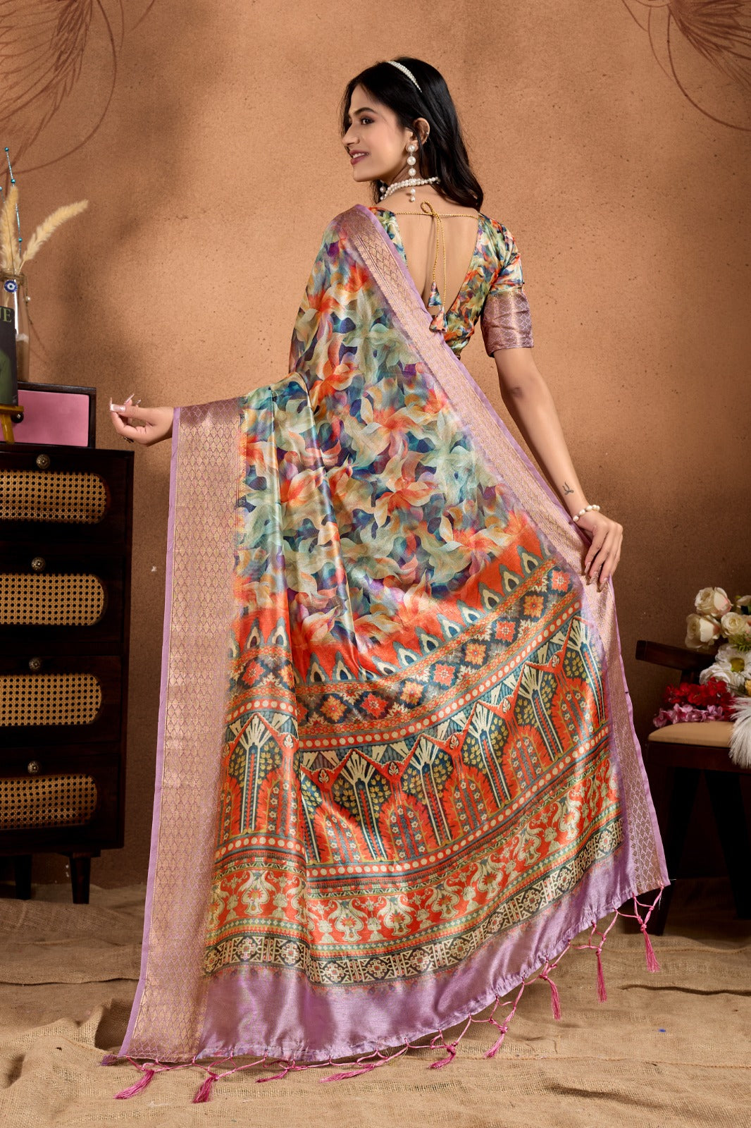 Multicolor Soft Silk Saree with Ethnic Motif Pallu and Lavender Zari Border