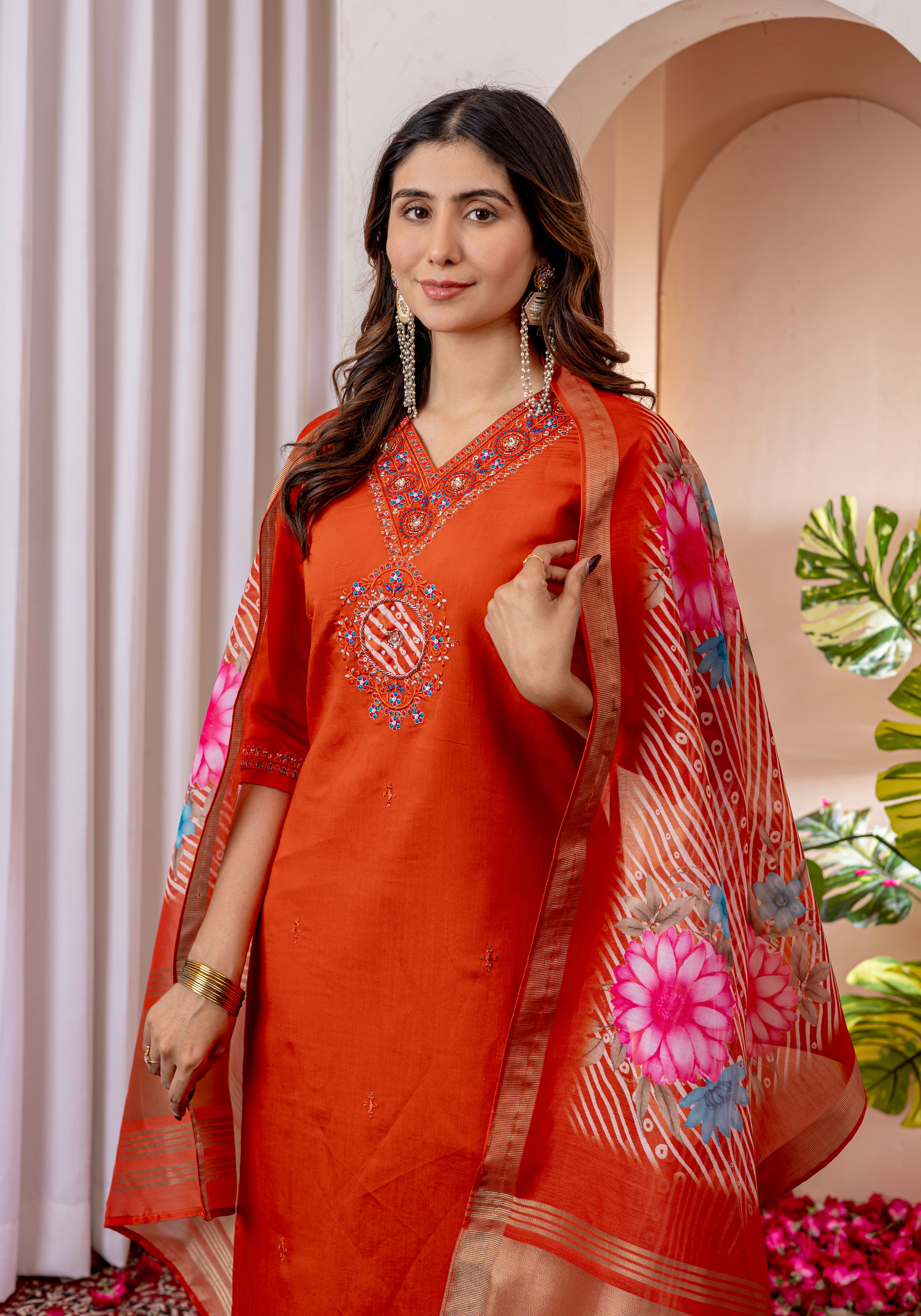 Embroidered Straight Kurti Pant Dupatta Set in Marina Viscose Silk – 3 Piece Ethnic Suit