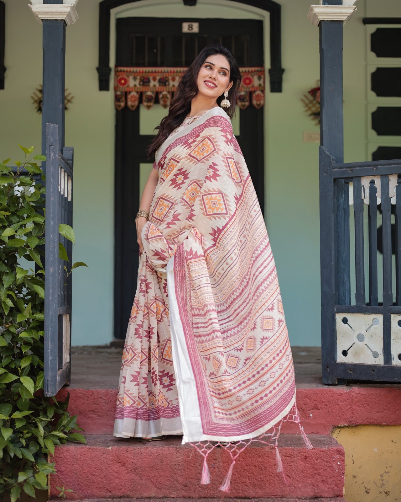 Off-White Linen Cotton Saree with Maroon Ikat Geometric Print, Silver Zari Border & Designer Blouse Piece