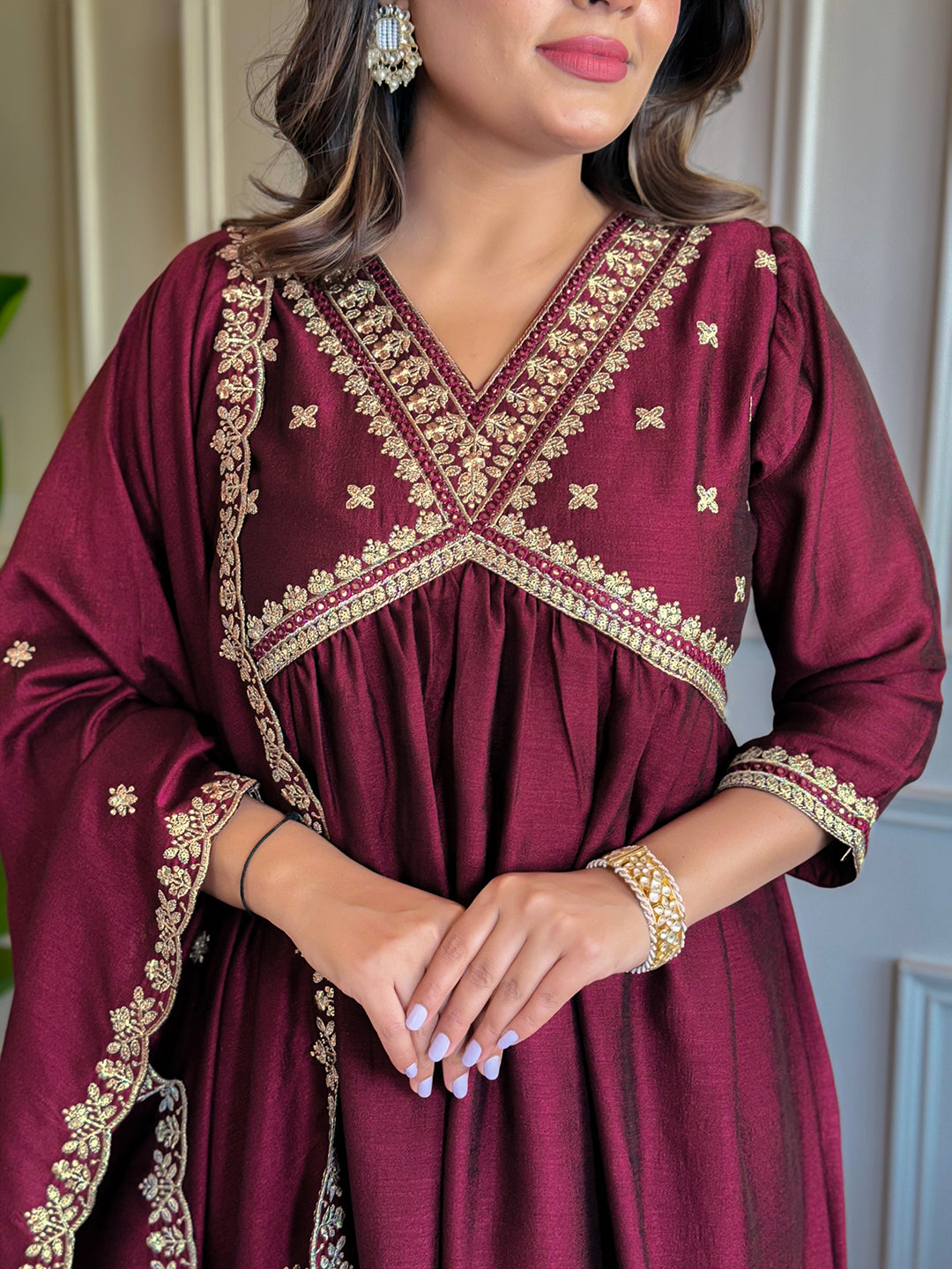 Wine Vichitra Silk Embroidered Straight Kurta Set with Pant & Chinon Laced Dupatta