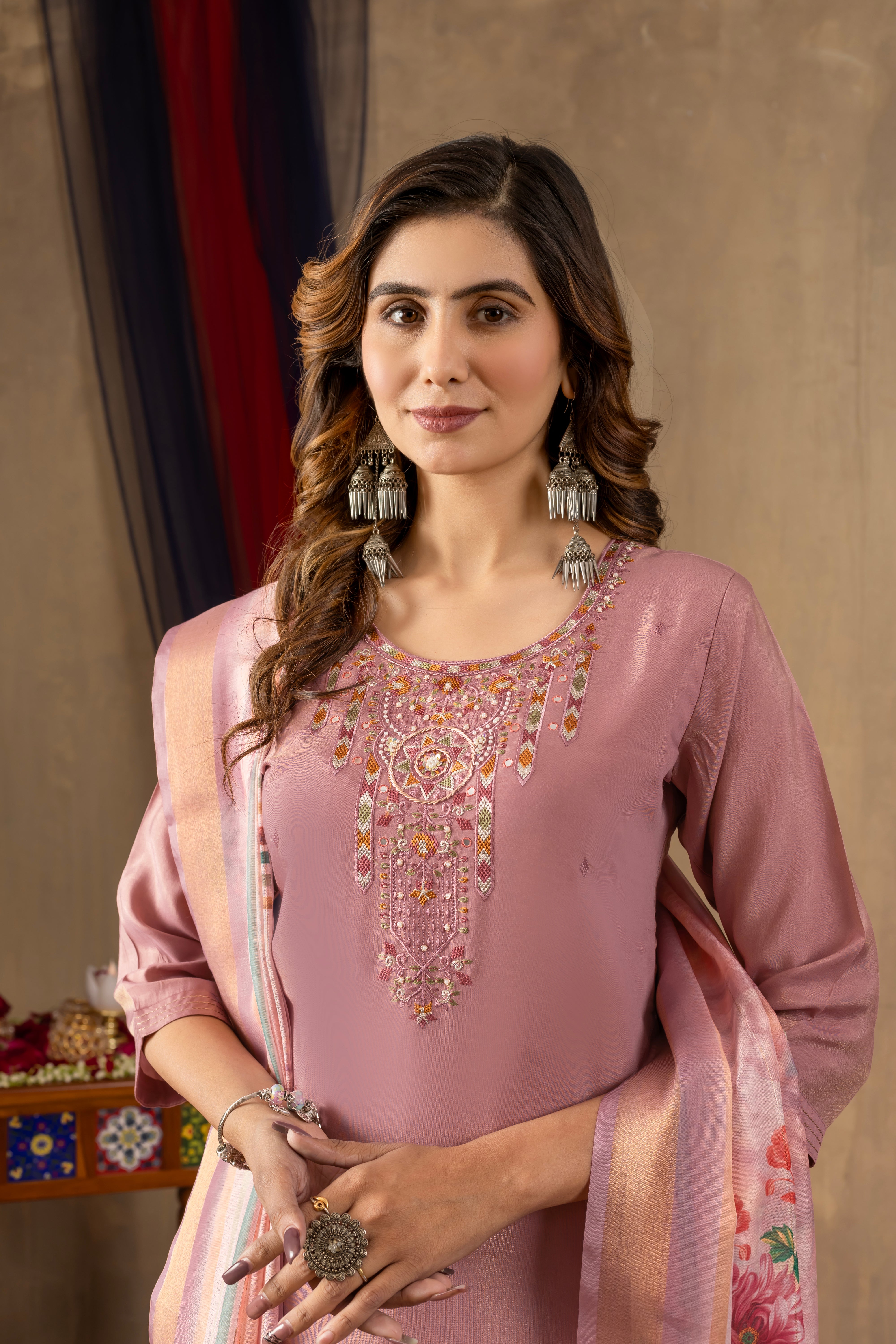 Shimmer Gold Silk Embroidered Kurti Pant Dupatta Set – 3 Piece Ethnic Suit