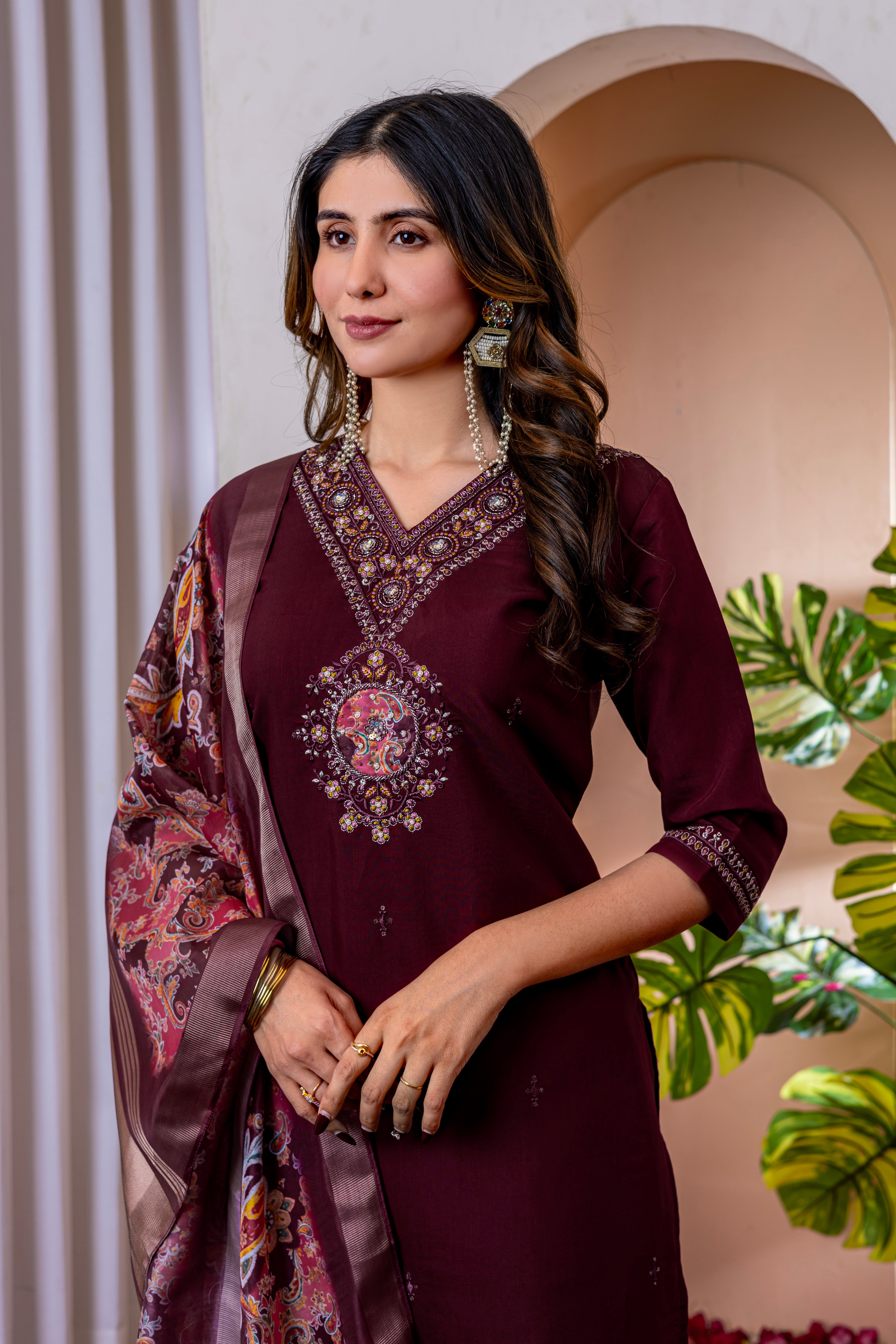 Embroidered Straight Kurti Pant Dupatta Set in Marina Viscose Silk – 3 Piece Ethnic Suit