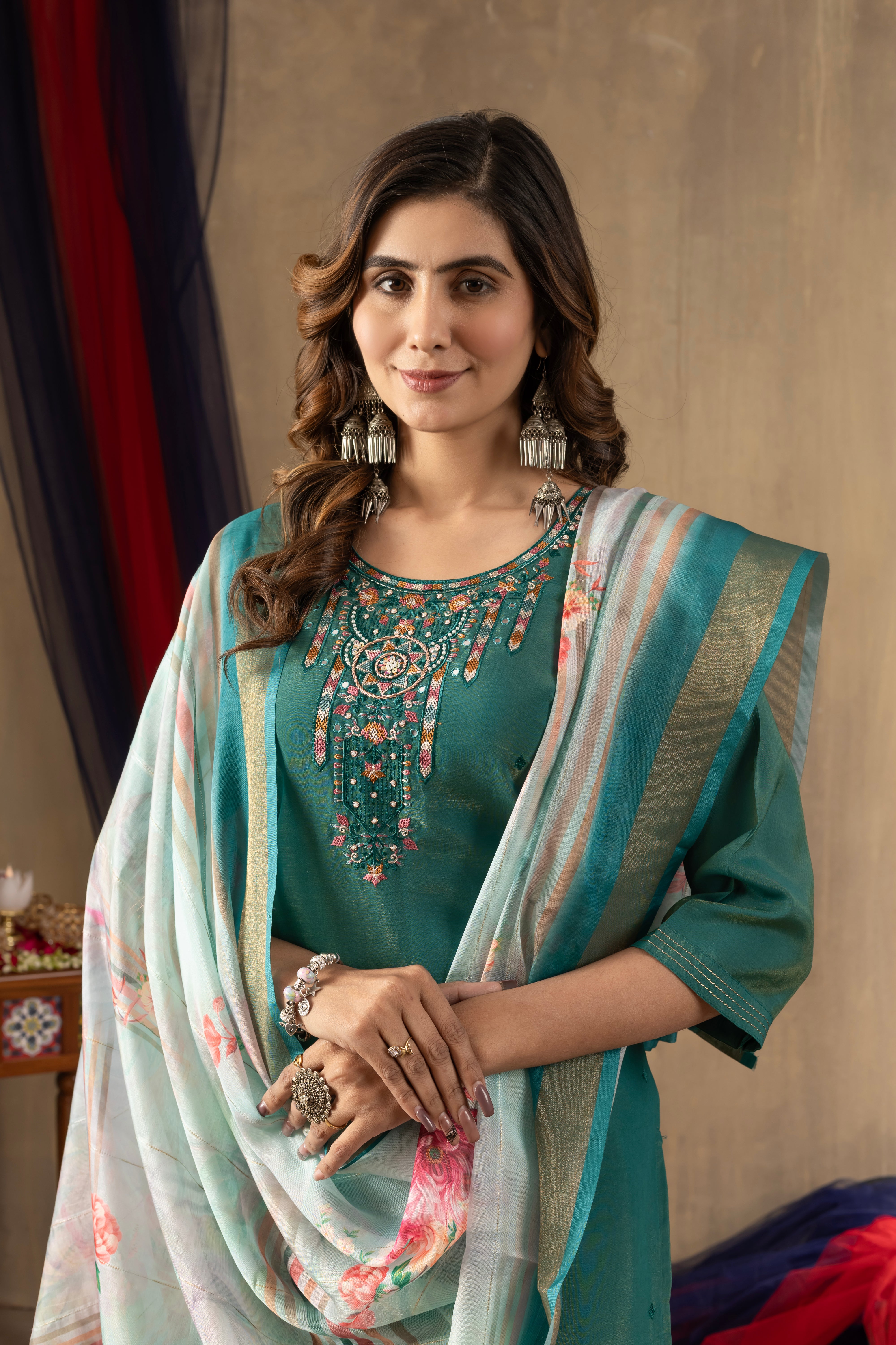 Shimmer Gold Silk Embroidered Kurti Pant Dupatta Set – 3 Piece Ethnic Suit