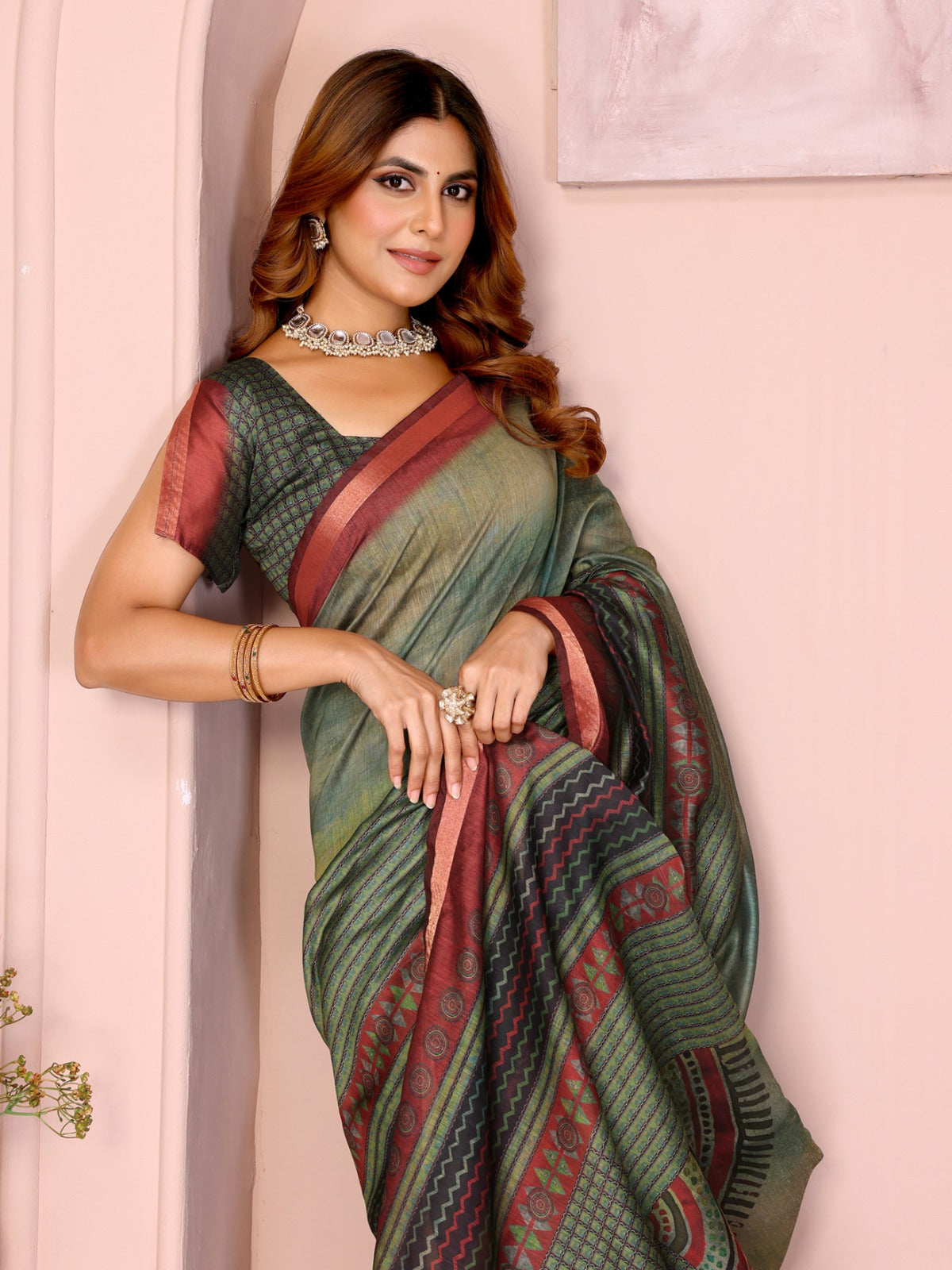 Green & Maroon Black Chanderi Saree with Tribal & Geometric Prints, Maroon Border & Designer Blouse Piece