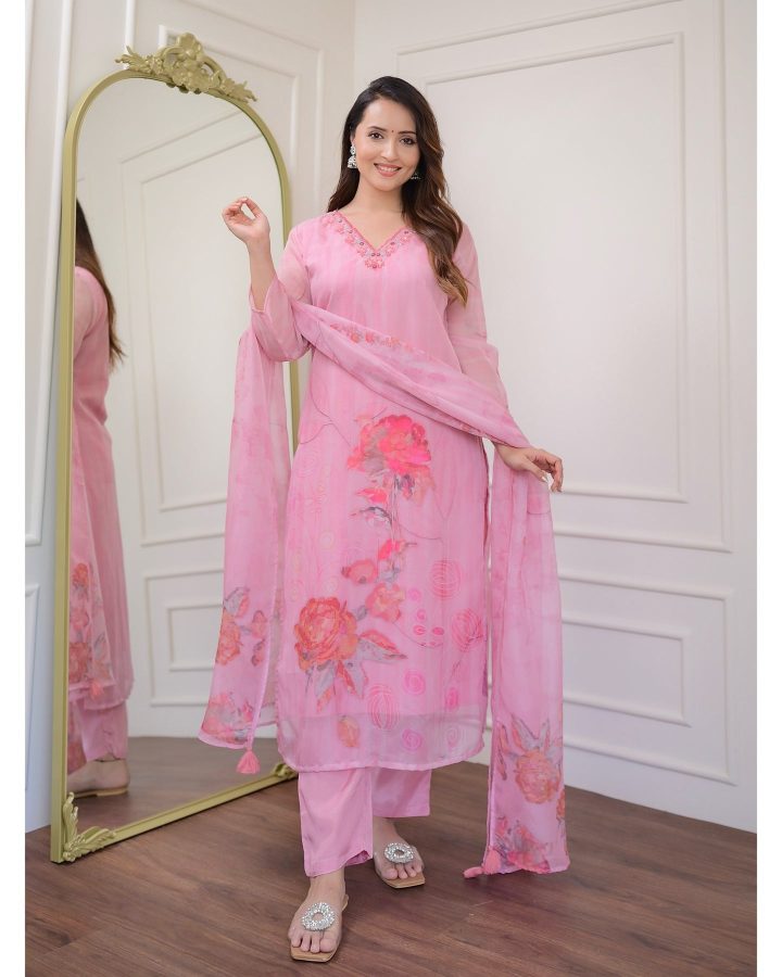 Women’s Embroidered Premium Organza Kurta Set with Printed Dupatta