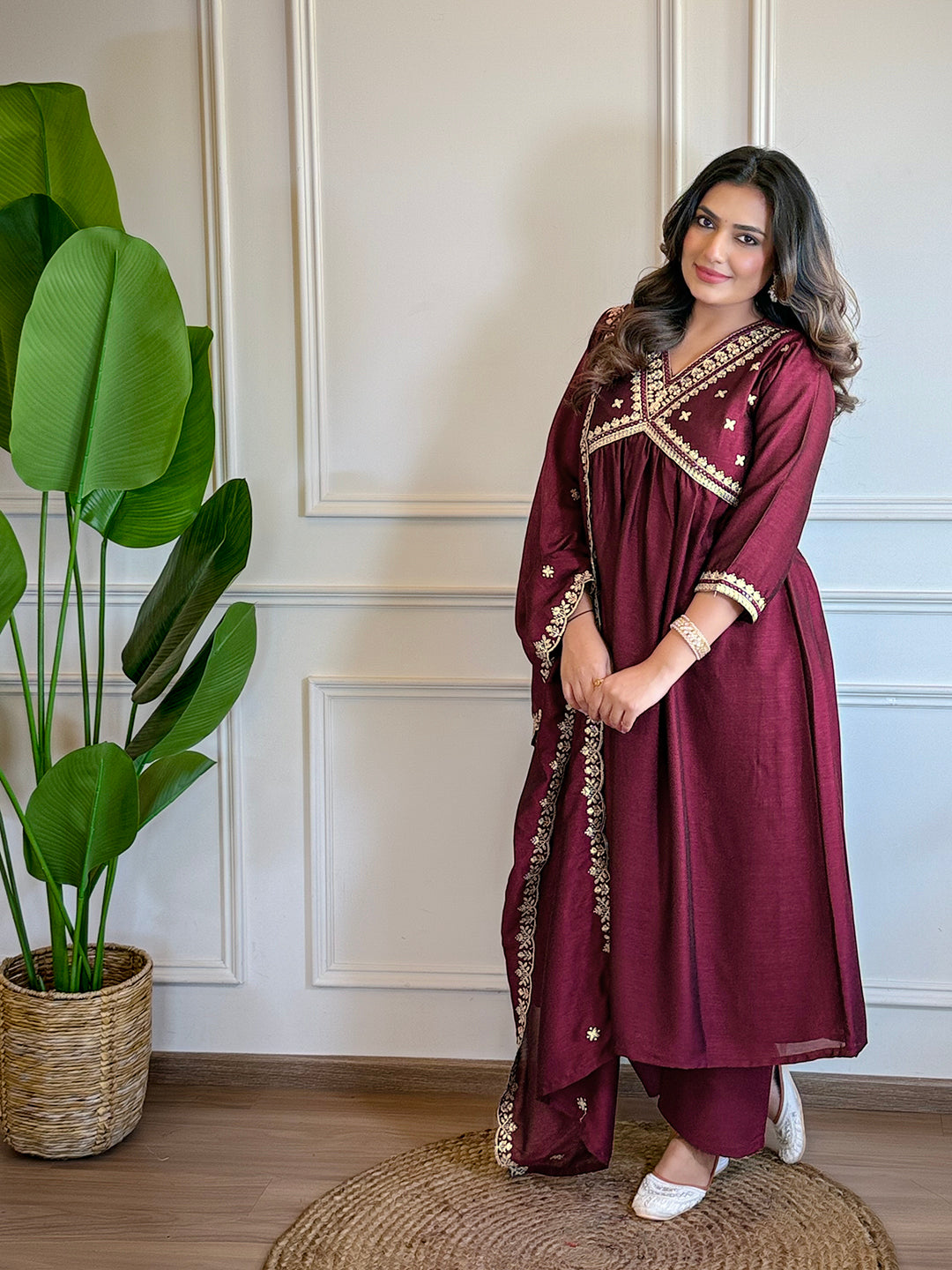 Wine Vichitra Silk Embroidered Straight Kurta Set with Pant & Chinon Laced Dupatta