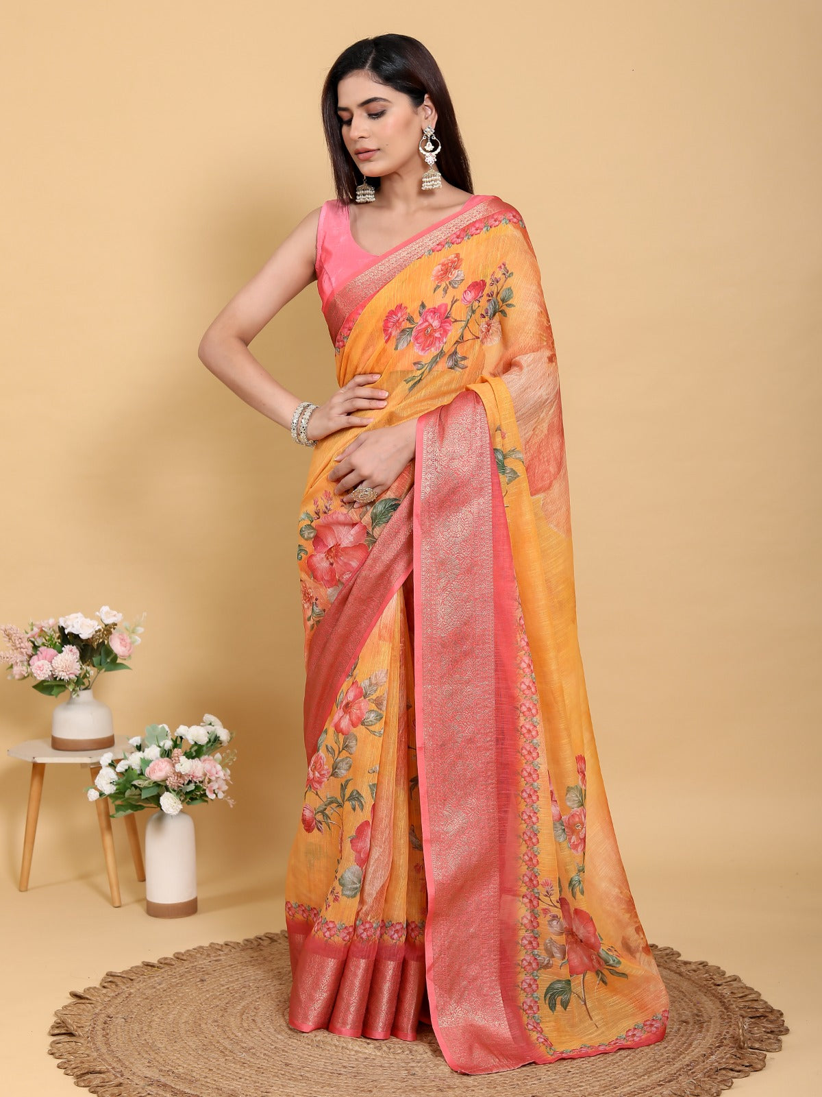 Vibrant Sunshine Yellow Floral Print Jacquard Patta Linen Cotton Saree with Rani Pink Border & Designer Blouse Piece
