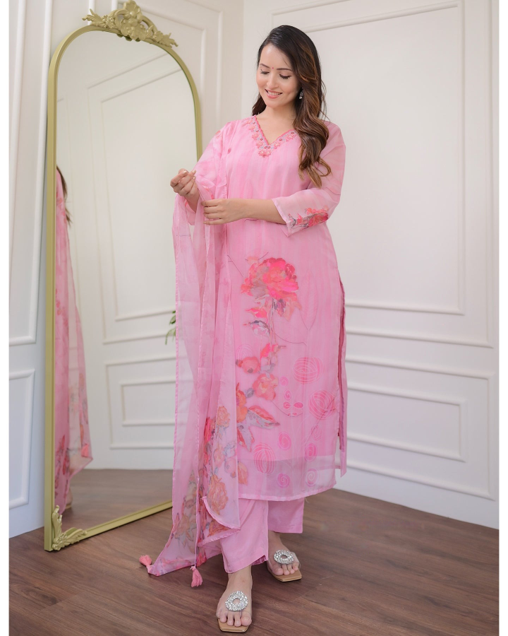 Women’s Embroidered Premium Organza Kurta Set with Printed Dupatta