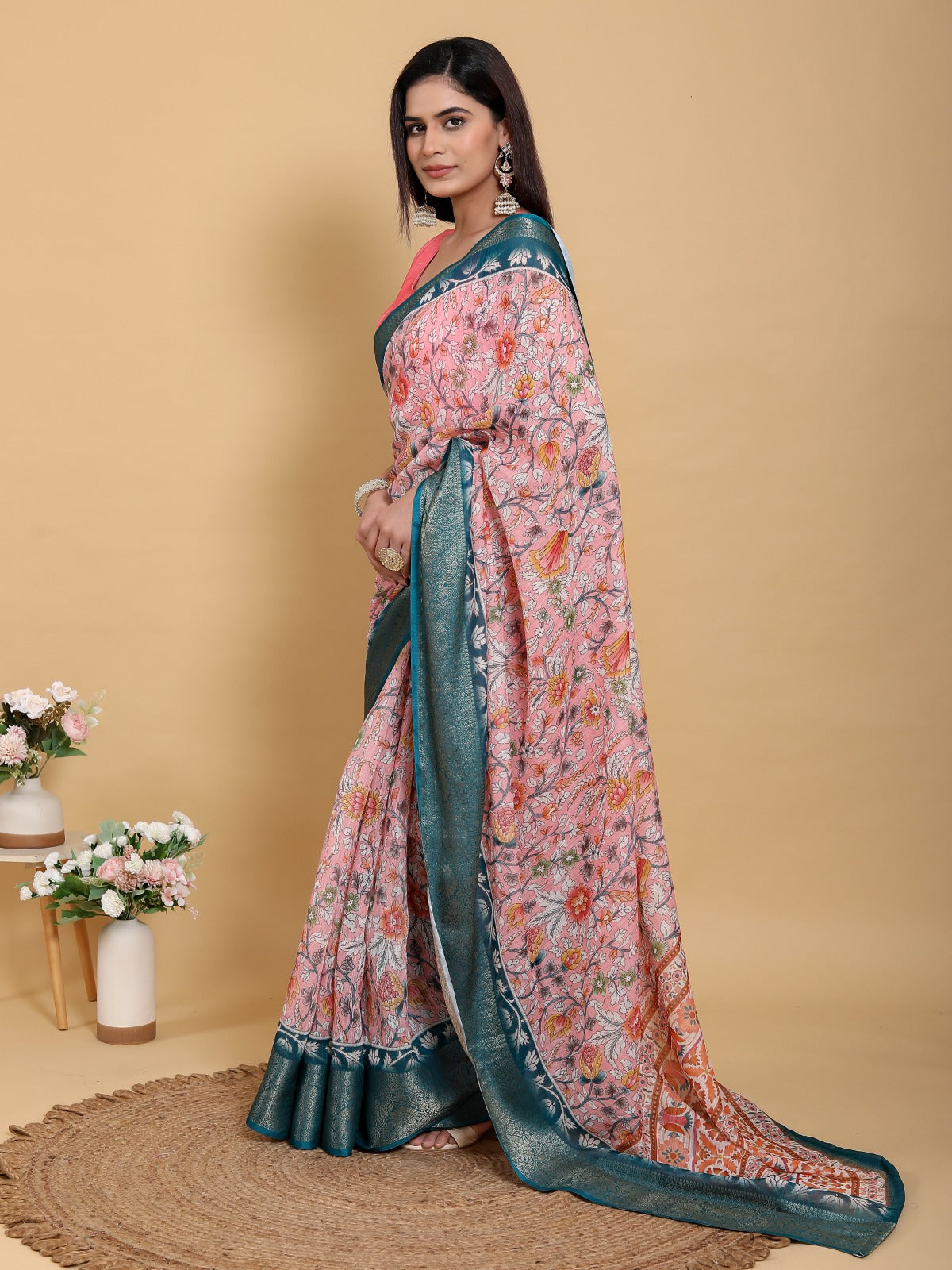 Elegant Pink Floral & Vine Print Jacquard Patta Linen Cotton Saree with Teal Blue Border & Designer Blouse Piece