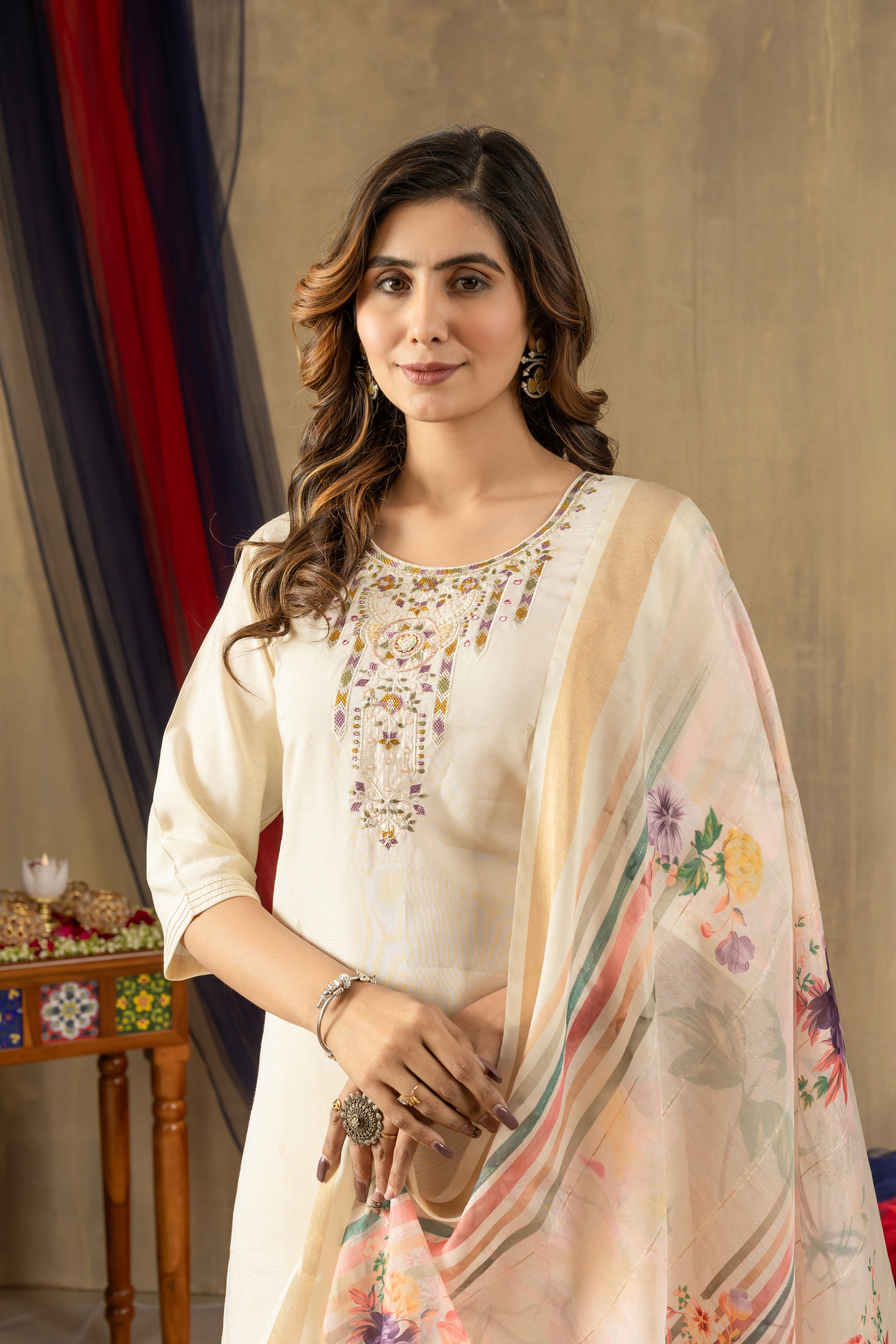Shimmer Gold Silk Embroidered Kurti Pant Dupatta Set – 3 Piece Ethnic Suit