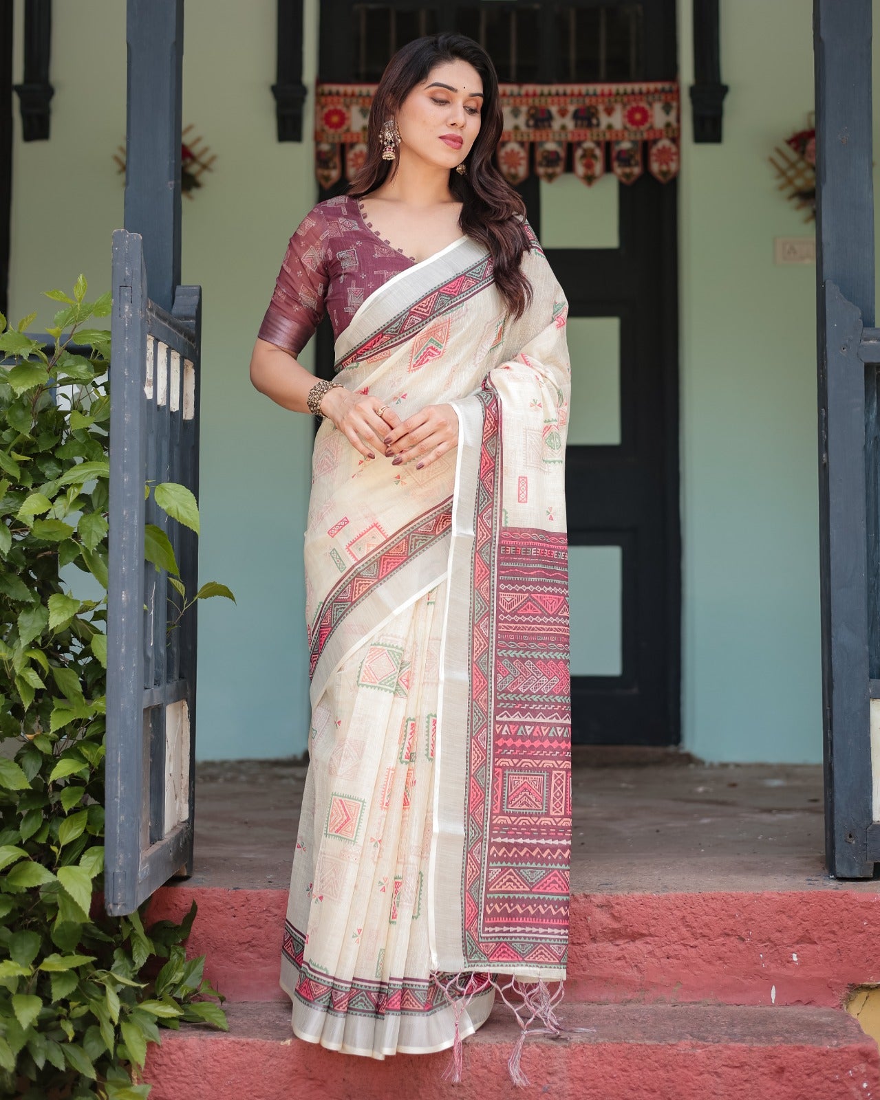 Off-White Linen Cotton Saree with Wine Tribal Geometric Print, Silver Zari Border & Designer Blouse Piece