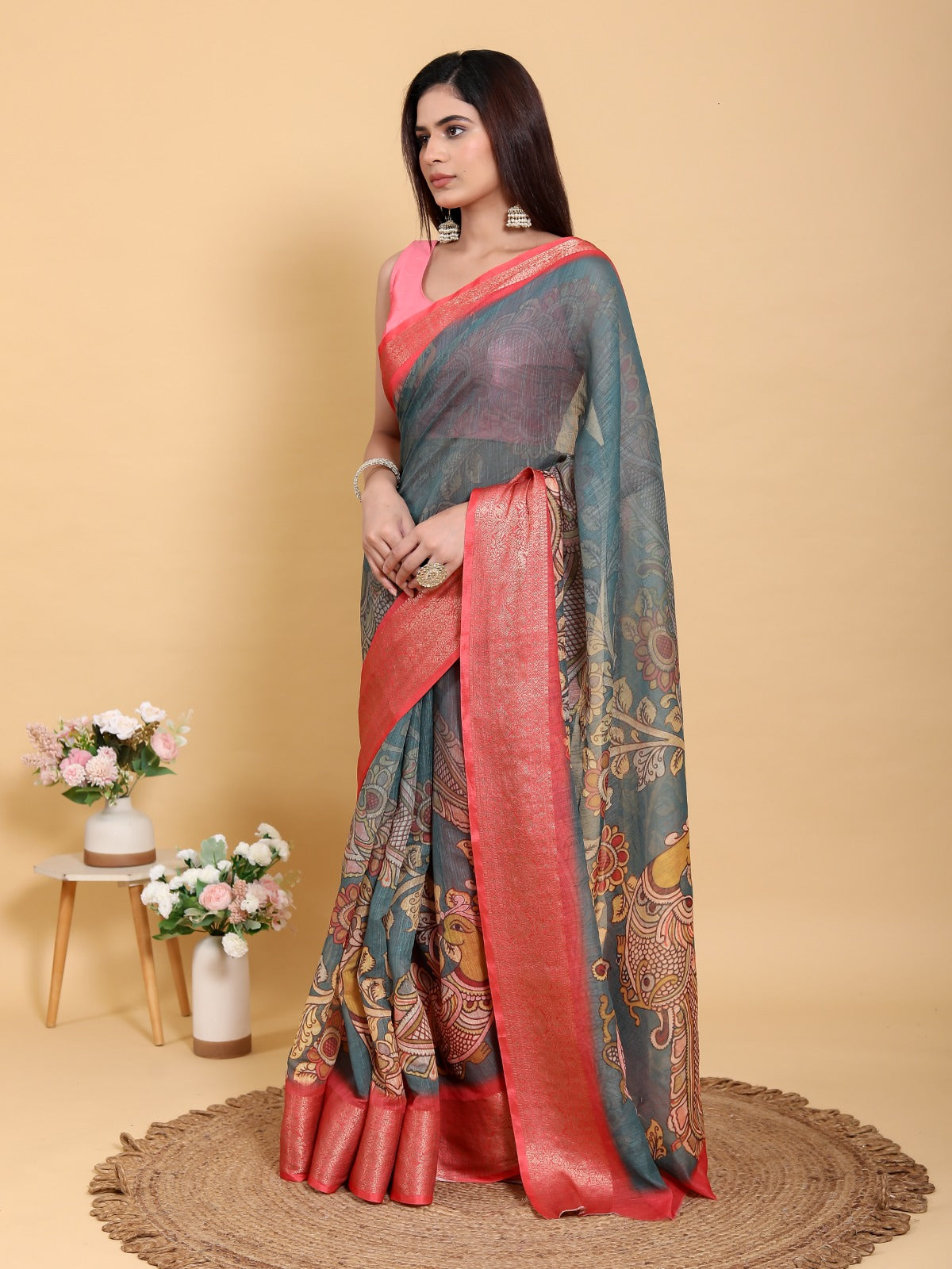 Elegant Peacock & Floral Kalamkari Design Linen Cotton Saree with Jacquard Border
