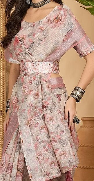Off-White Pastel Pink & Grey Floral Digital Print Linen Cotton Saree
