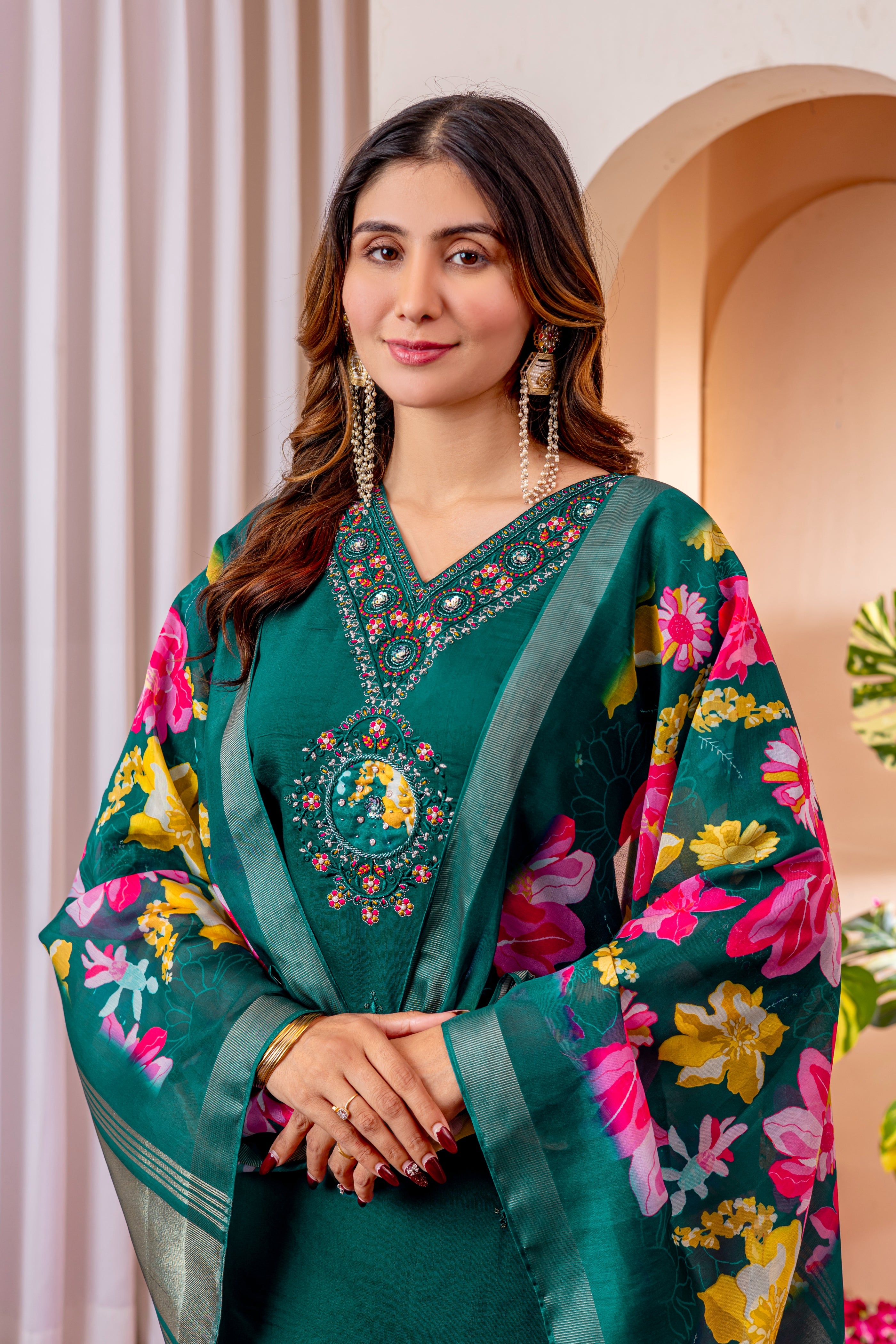 Embroidered Straight Kurti Pant Dupatta Set in Marina Viscose Silk – 3 Piece Ethnic Suit