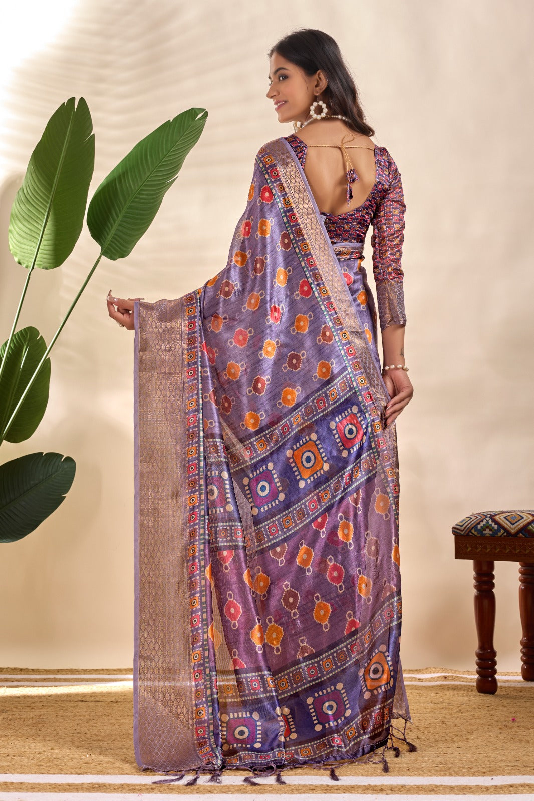 Patola-Inspired Purple Soft Silk Saree with Geometric & Floral Motifs, Golden Zari Border & Designer Blouse Piece